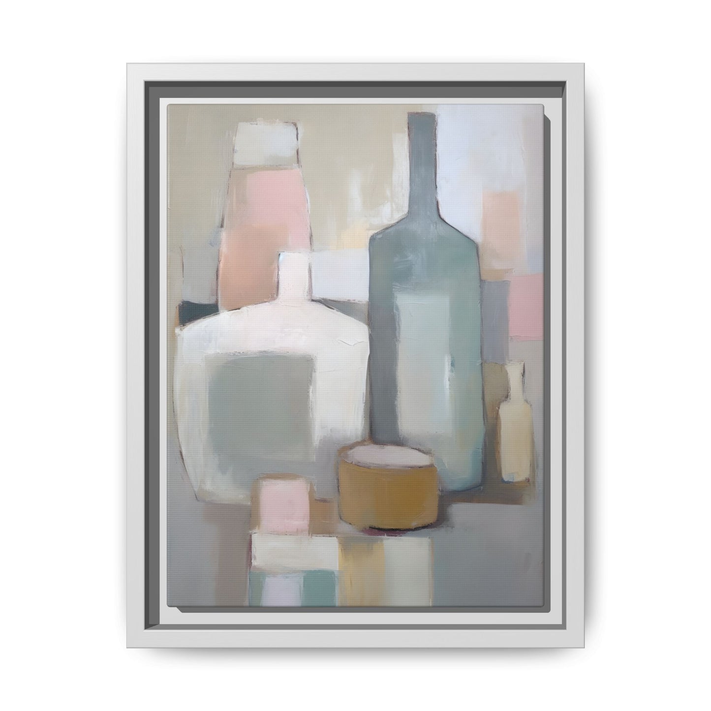 Modern Abstract Bottle Still Life Wall Art – Framed Canvas in Soft Pink, Blue, and Beige