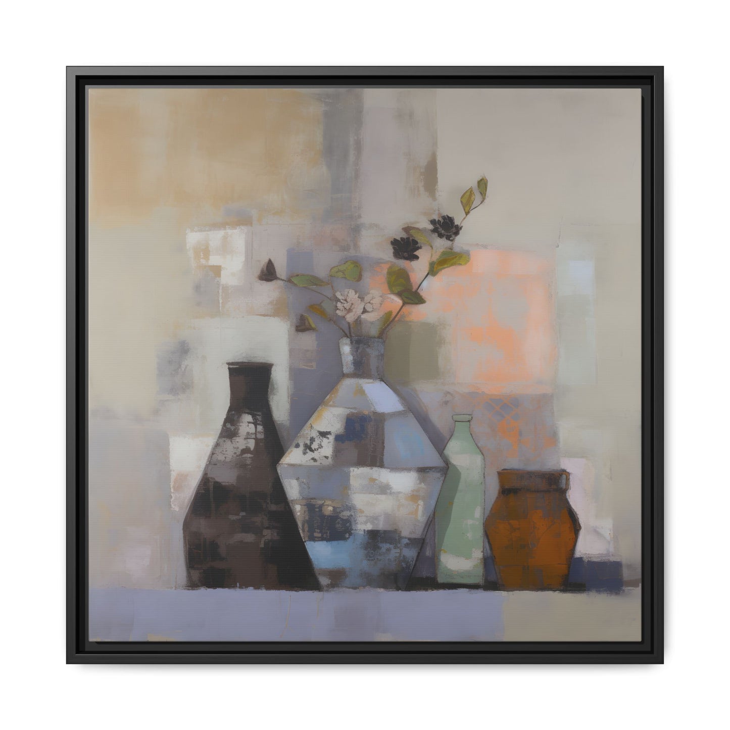 Earthy Bottle Still Life Wall Art – Framed Abstract Canvas with Geometric Vases in Neutral Tones