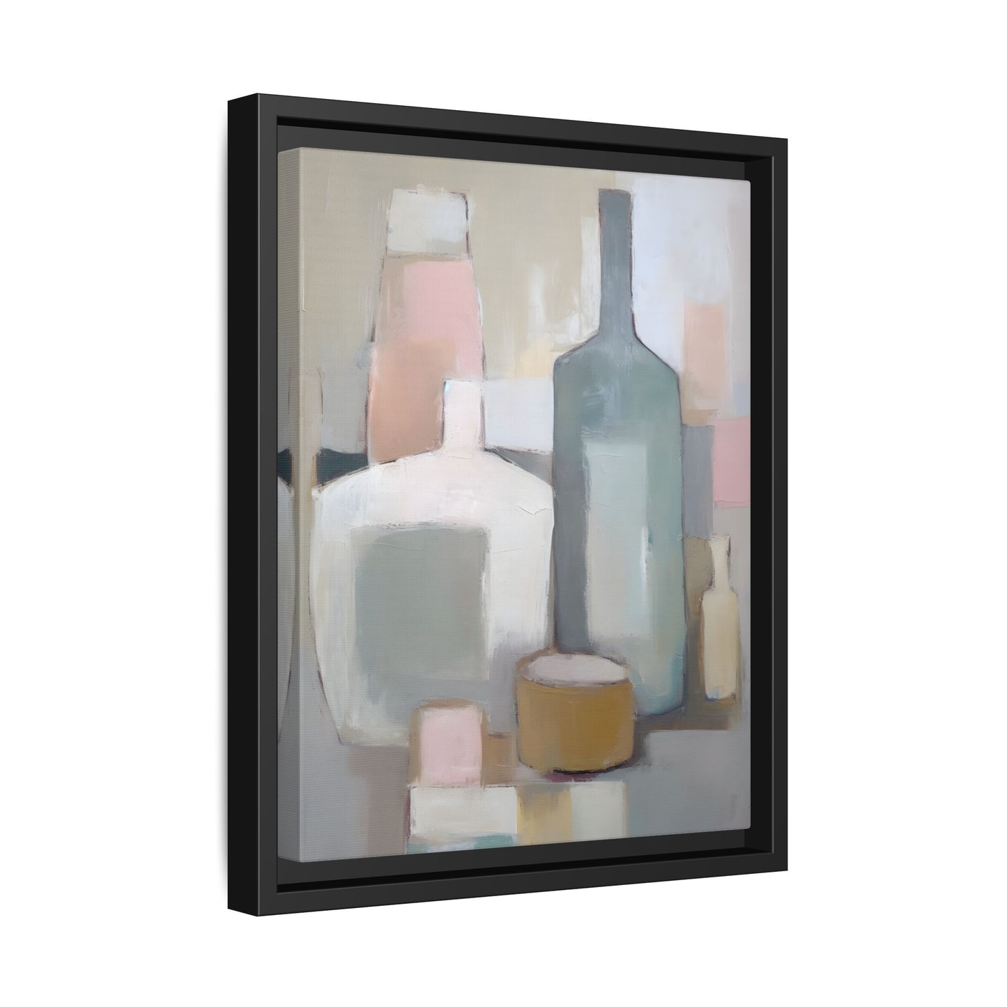 Modern Abstract Bottle Still Life Wall Art – Framed Canvas in Soft Pink, Blue, and Beige