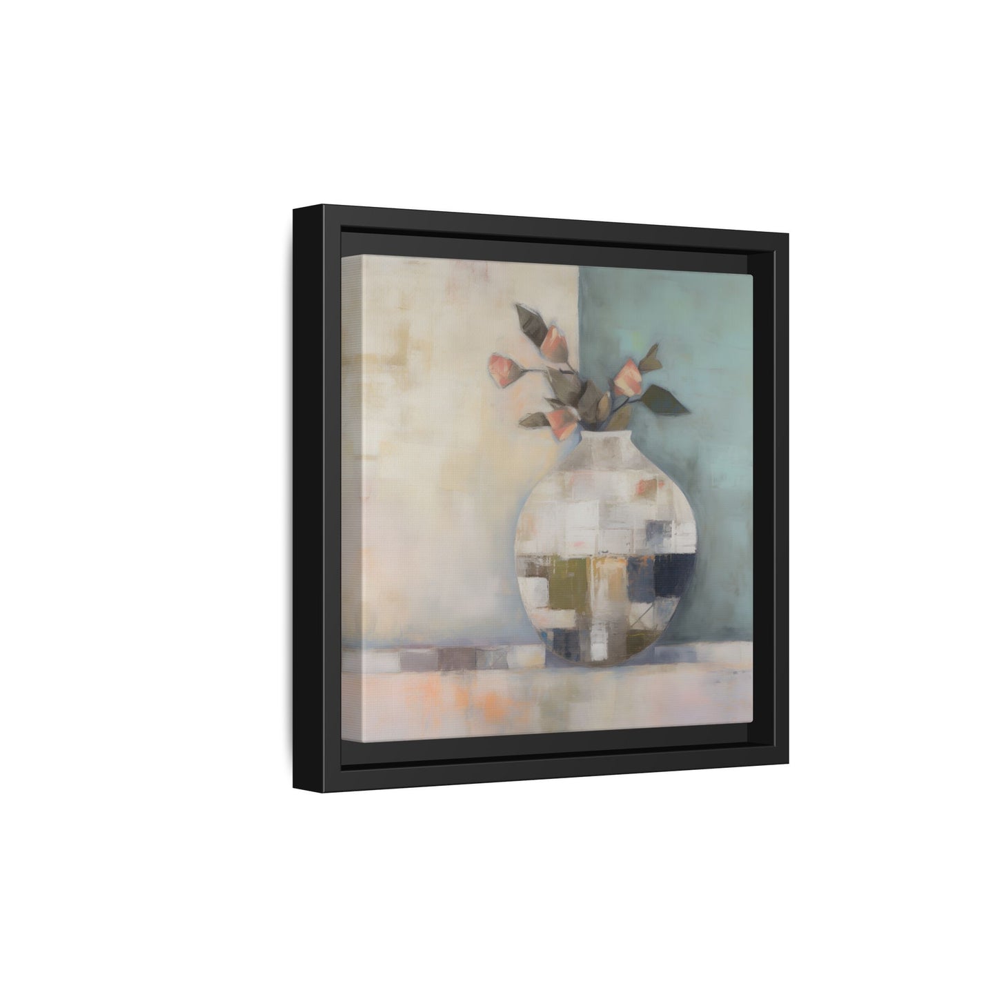Geometric Floral Still Life Wall Art – Framed Abstract Canvas with Vase and Blush Pink Buds