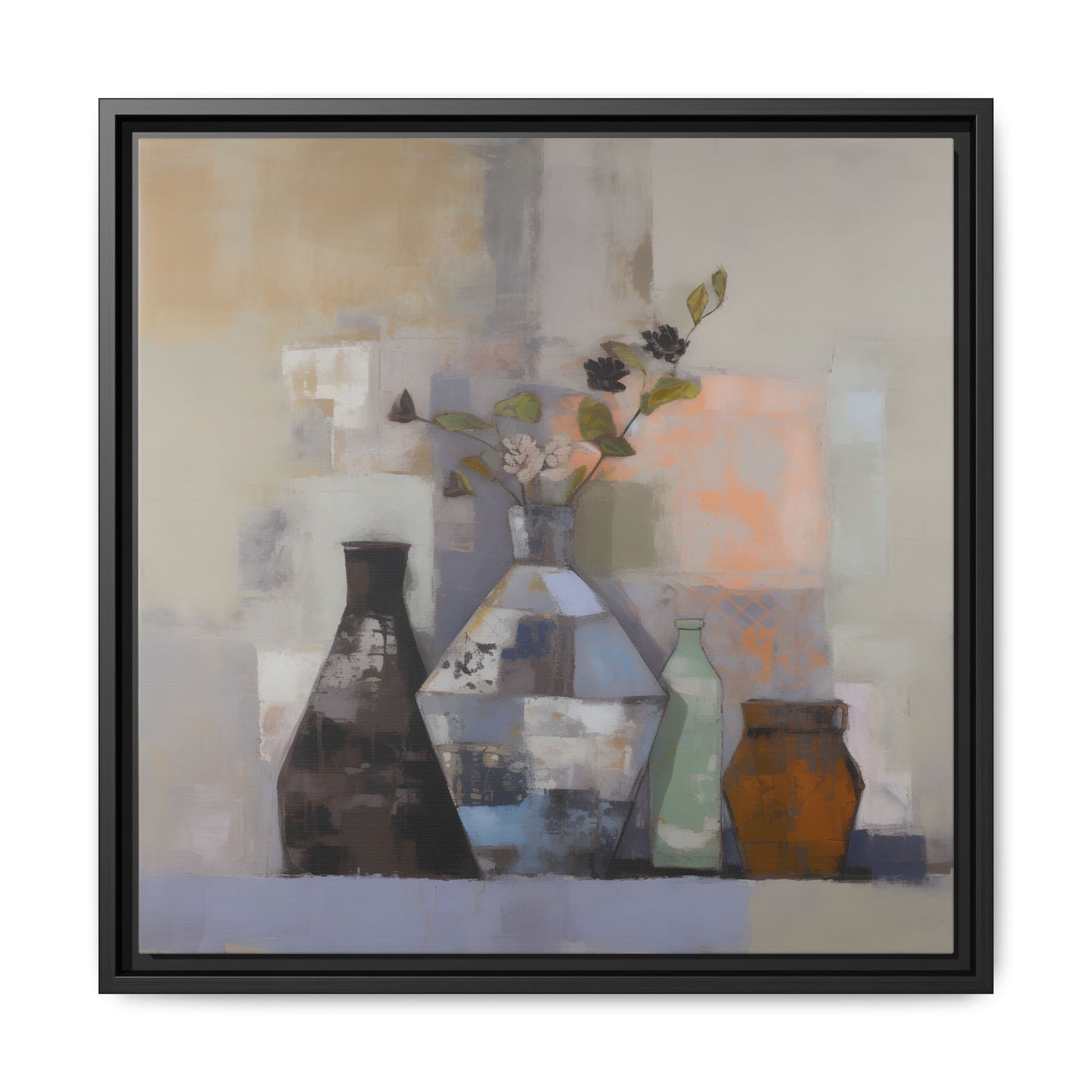 Earthy Bottle Still Life Wall Art – Framed Abstract Canvas with Geometric Vases in Neutral Tones