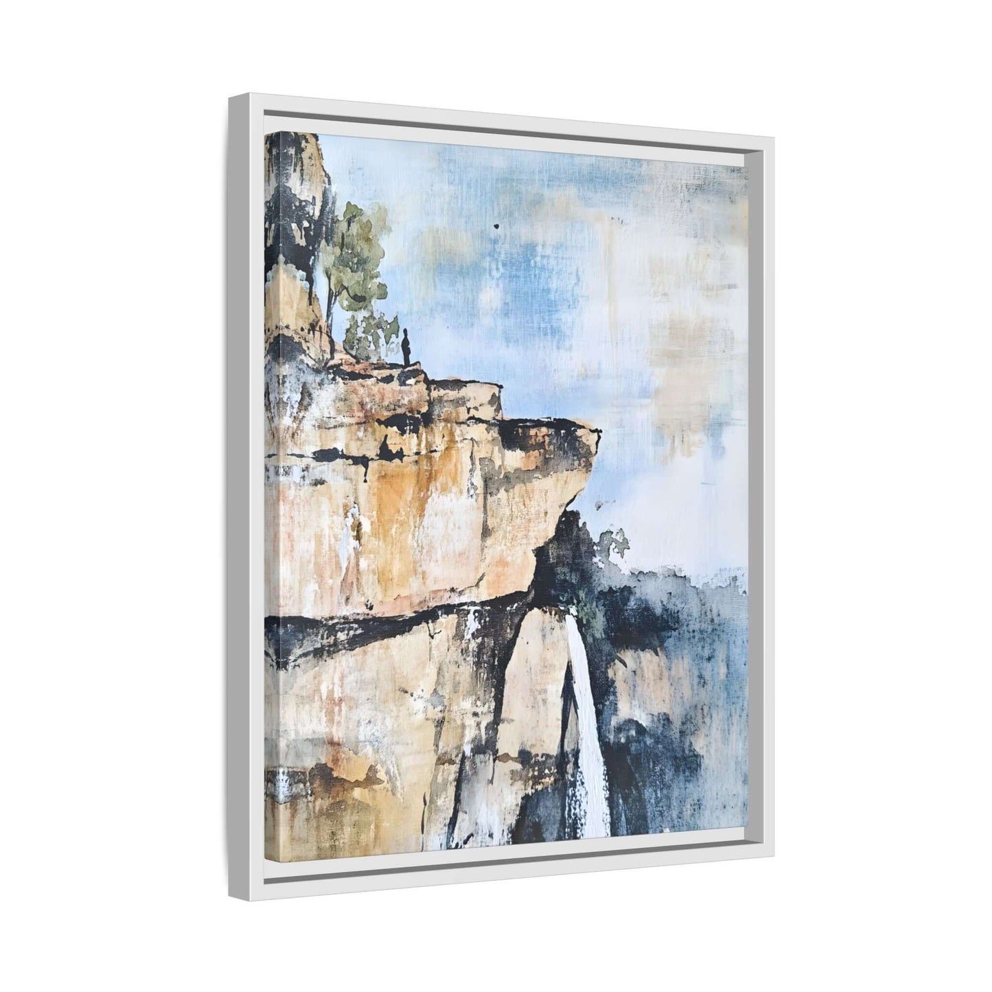 Impressionistic scenic landscape waterfall canvas wall art framed, depicting serene cliffs and cascading waters for home decor.