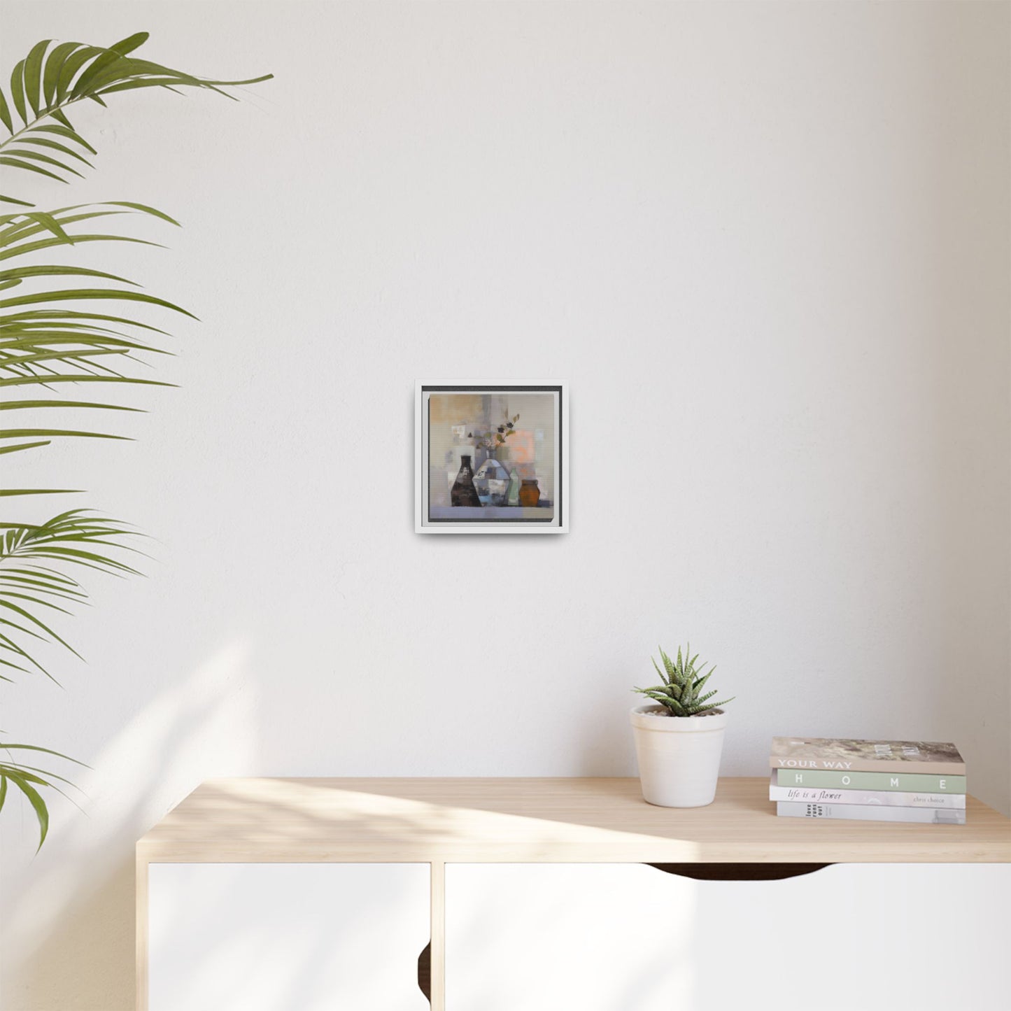 Earthy Bottle Still Life Wall Art – Framed Abstract Canvas with Geometric Vases in Neutral Tones