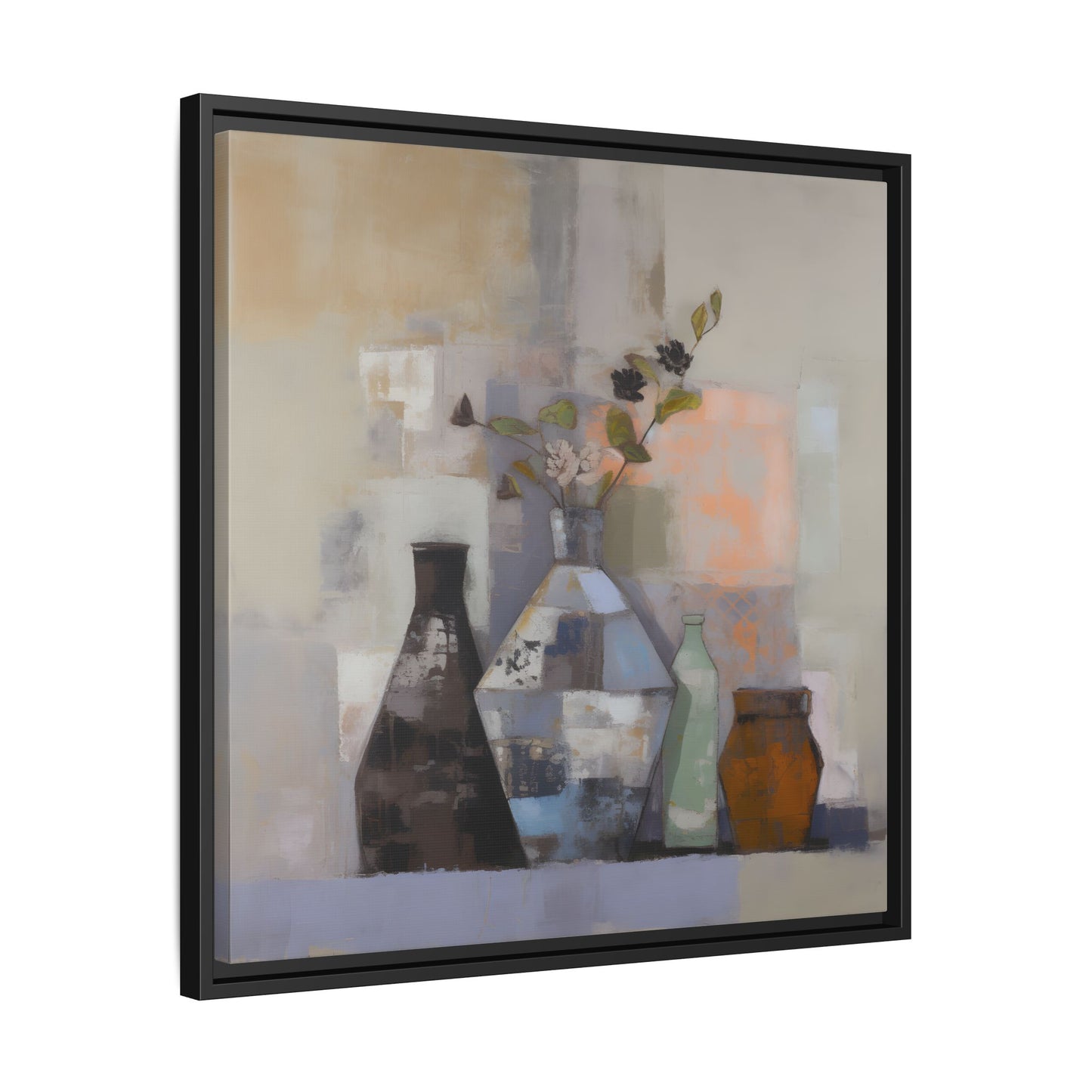 Earthy Bottle Still Life Wall Art – Framed Abstract Canvas with Geometric Vases in Neutral Tones