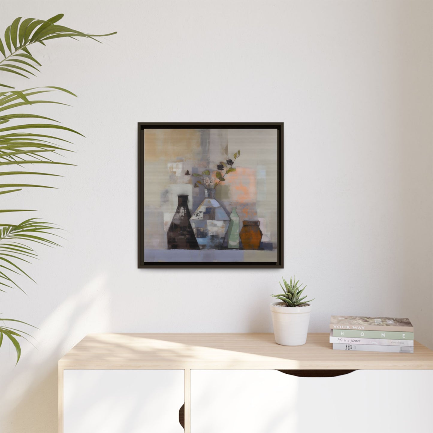 Earthy Bottle Still Life Wall Art – Framed Abstract Canvas with Geometric Vases in Neutral Tones