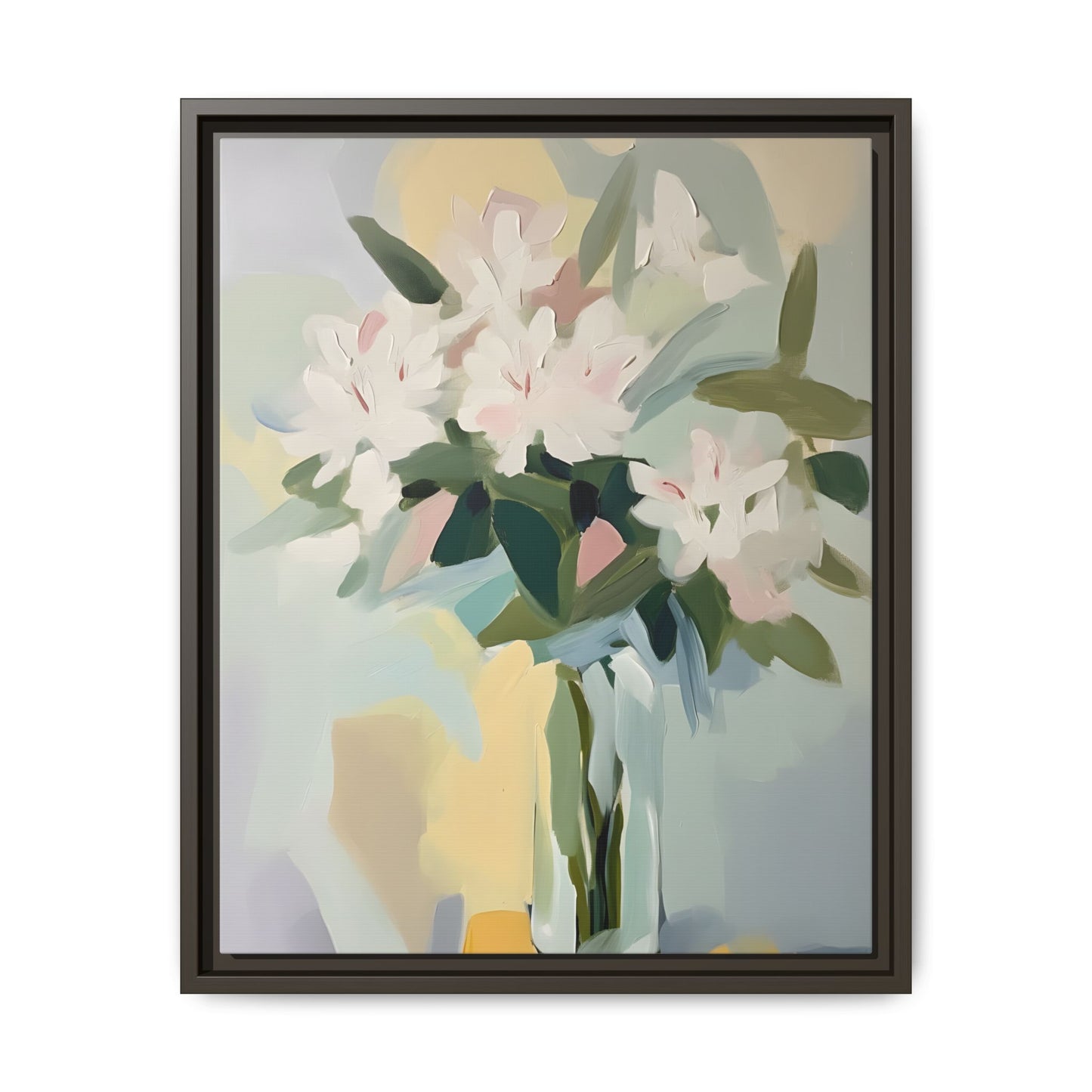 Soft Abstract Floral Wall Art – Framed Modern Canvas with White Flowers in Green Vase