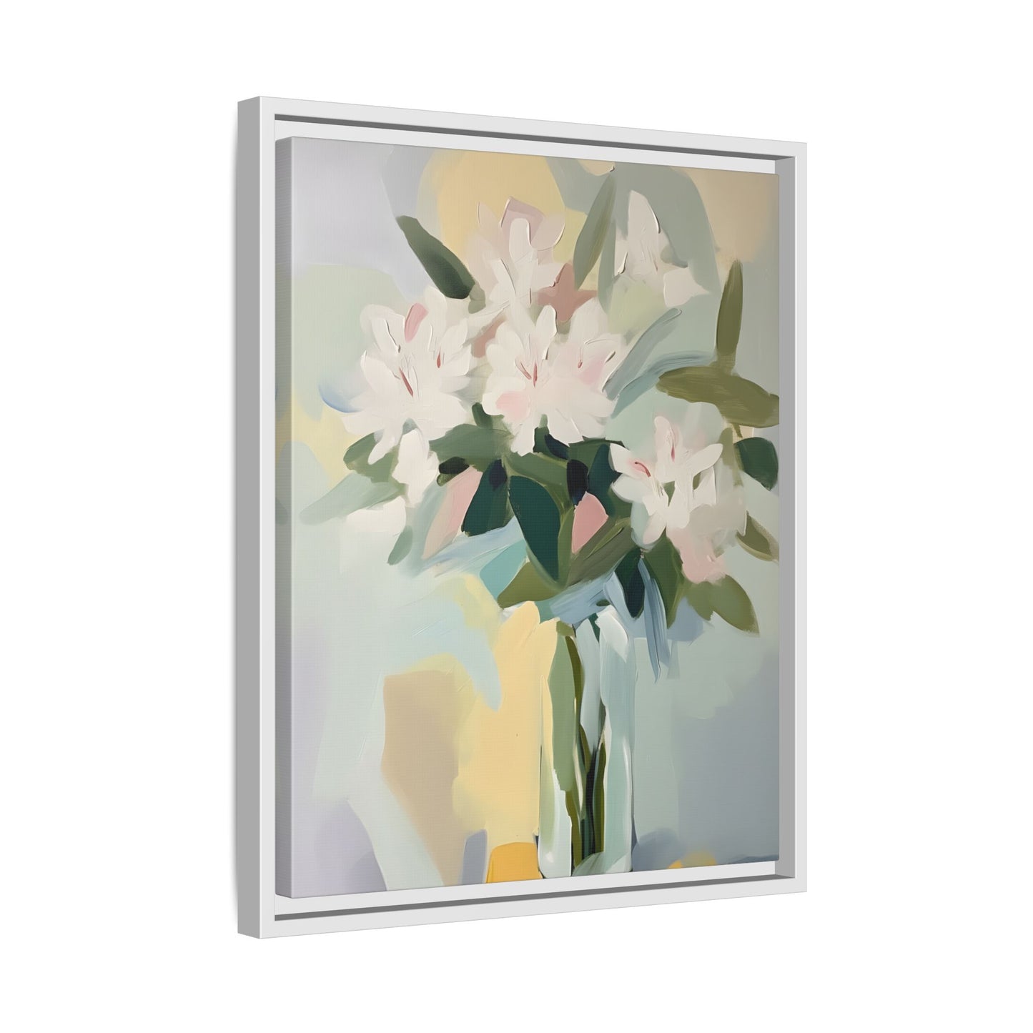 Soft Abstract Floral Wall Art – Framed Modern Canvas with White Flowers in Green Vase