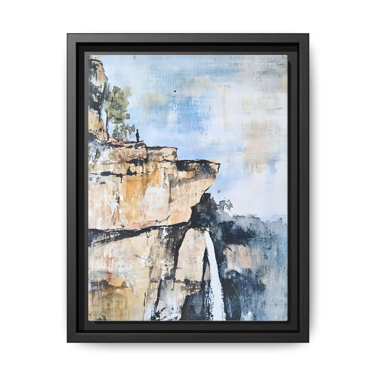 Framed impressionistic scenic waterfall canvas art for serene home decor.