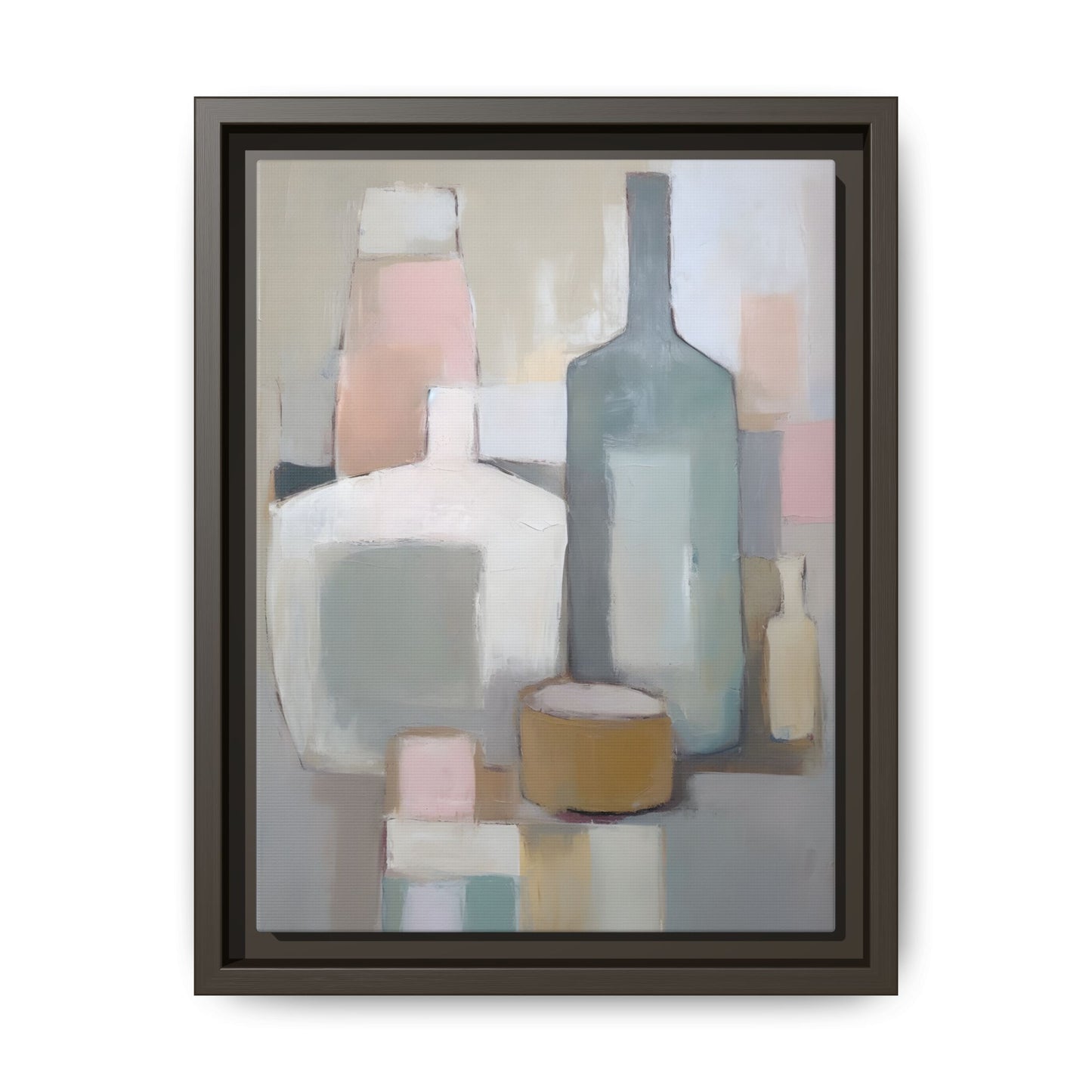 Modern Abstract Bottle Still Life Wall Art – Framed Canvas in Soft Pink, Blue, and Beige