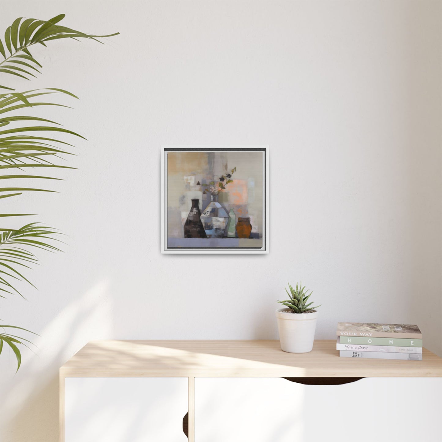 Earthy Bottle Still Life Wall Art – Framed Abstract Canvas with Geometric Vases in Neutral Tones