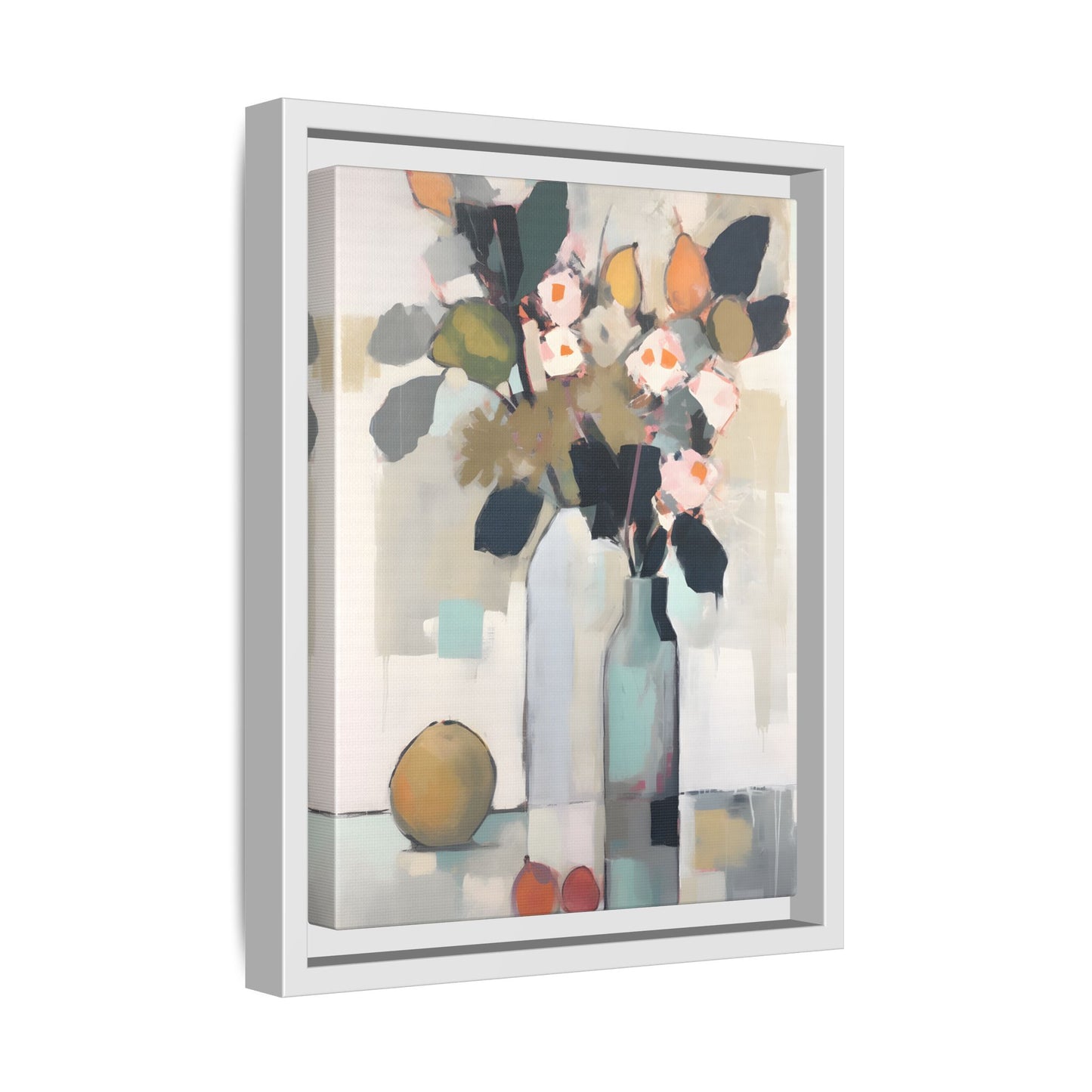 Modern Floral Still Life Wall Art – Framed Canvas with Bold Leaves and Citrus in Vase