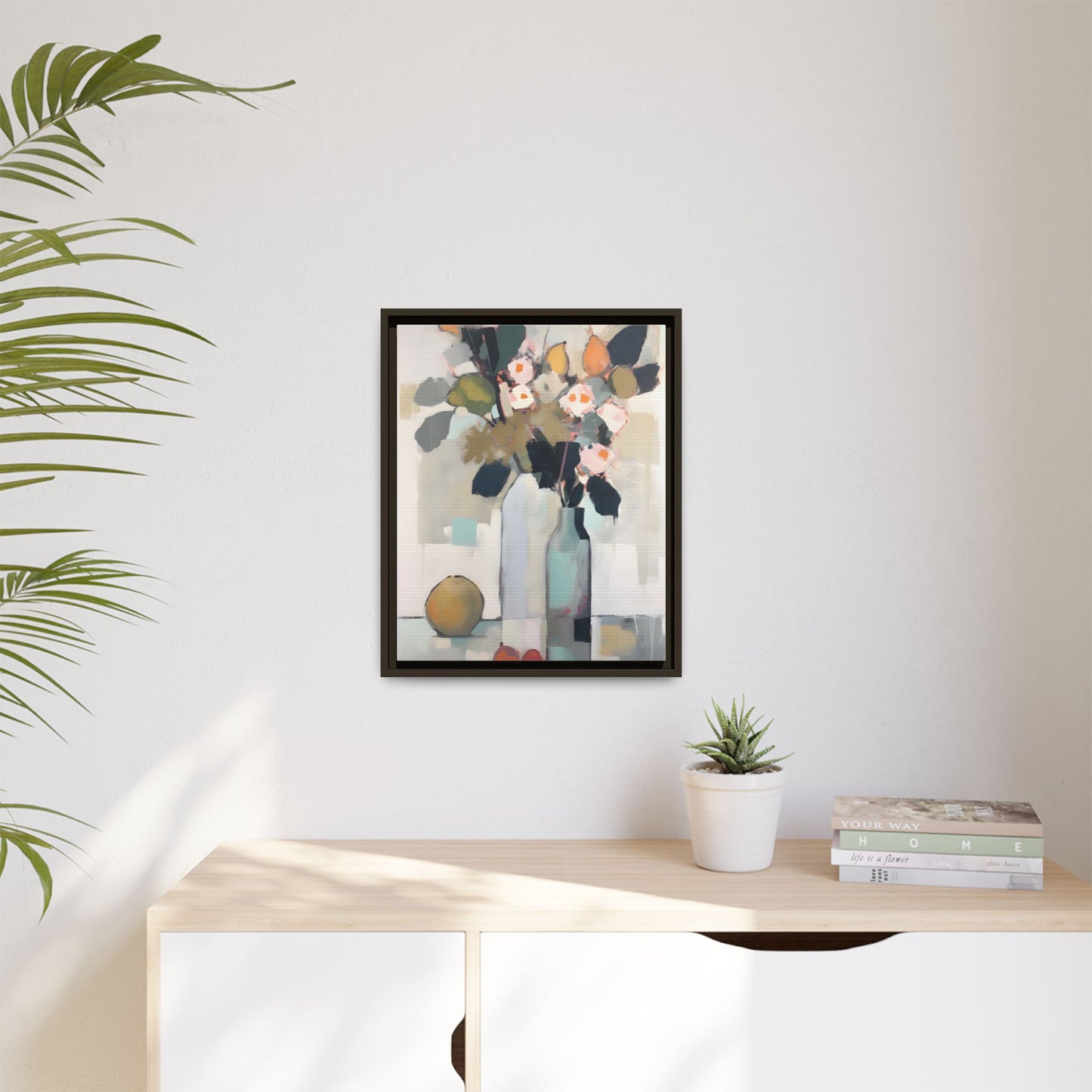 Modern Floral Still Life Wall Art – Framed Canvas with Bold Leaves and Citrus in Vase