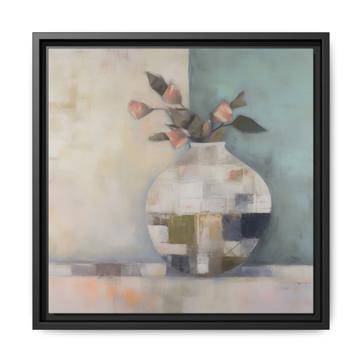 Geometric Floral Still Life Wall Art – Framed Abstract Canvas with Vase and Blush Pink Buds