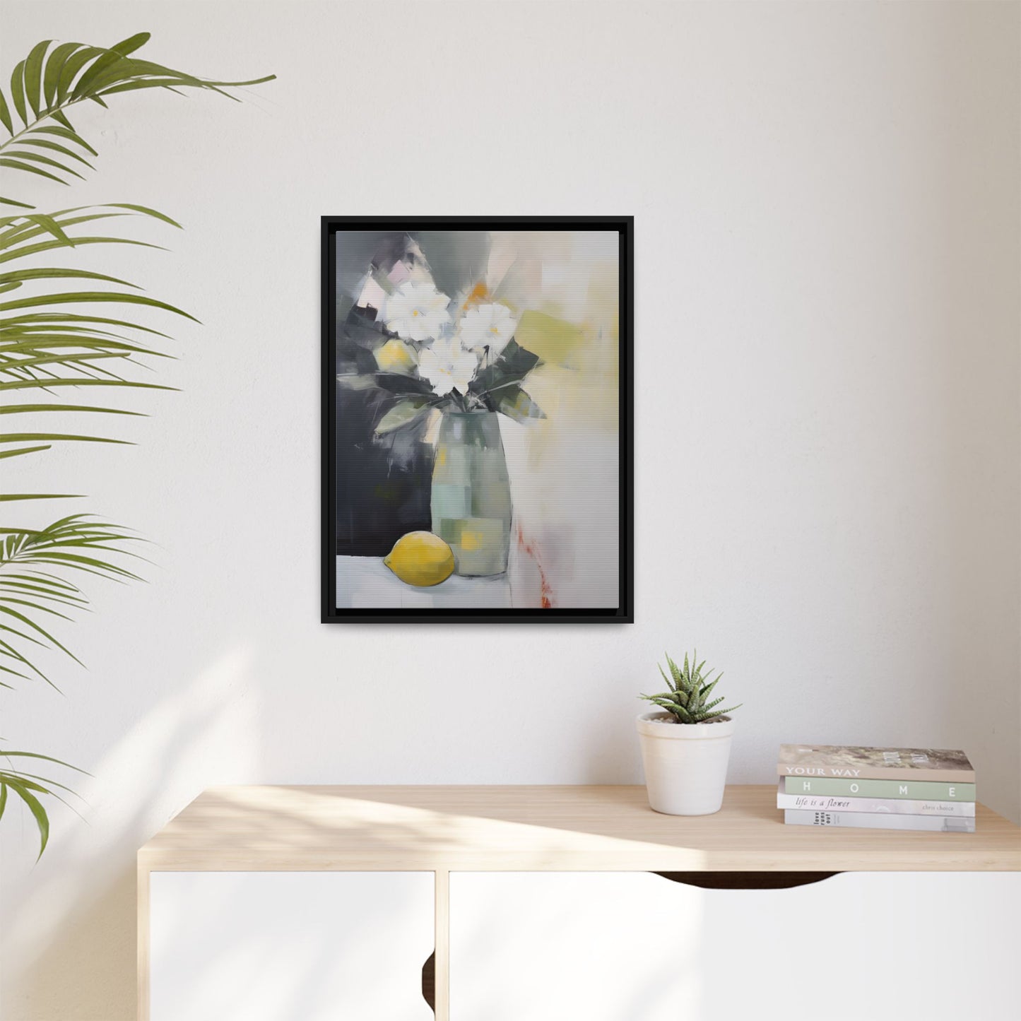 Modern Floral Still Life Wall Art – Framed Canvas with White Flowers and Lemon in Soft Green Vase