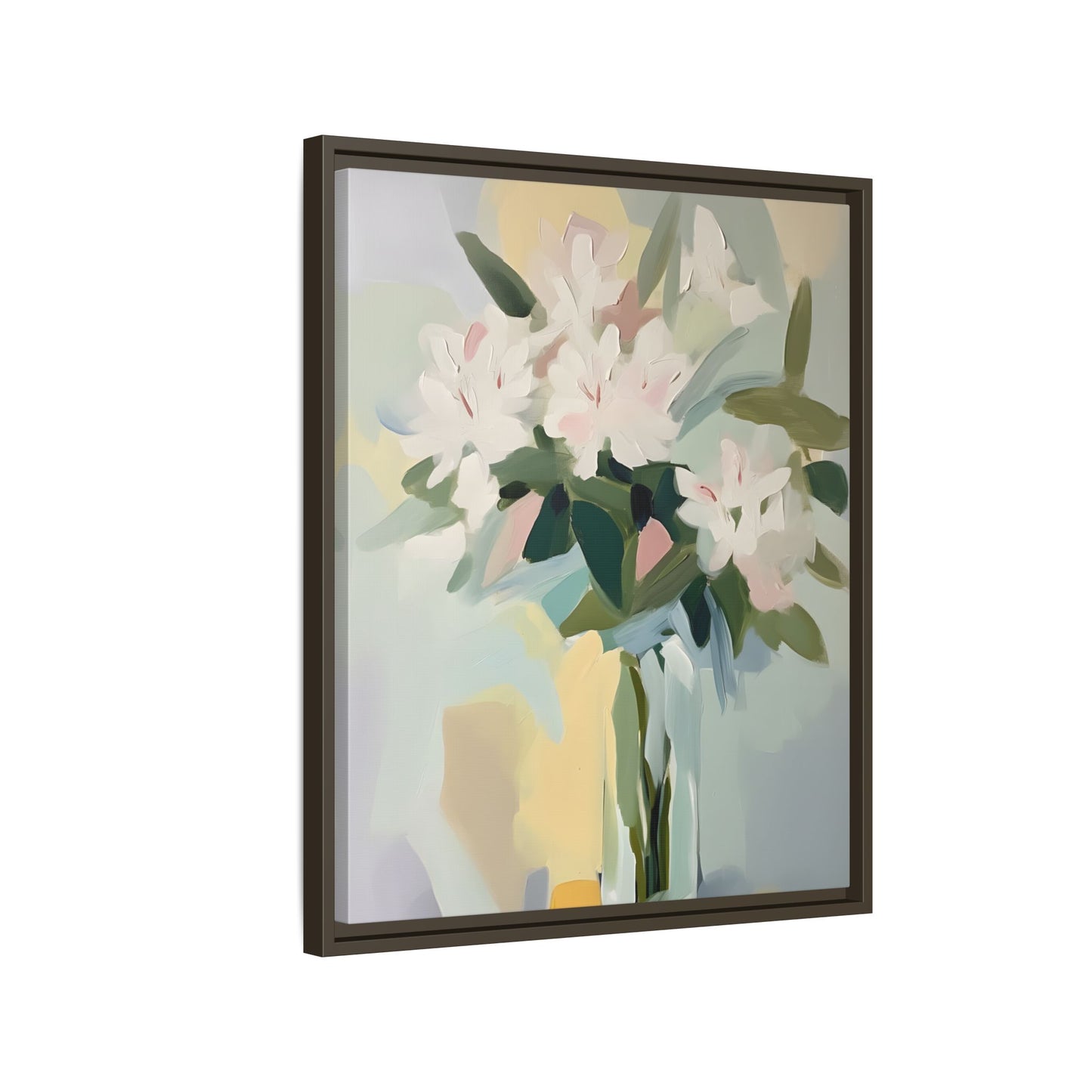 Soft Abstract Floral Wall Art – Framed Modern Canvas with White Flowers in Green Vase
