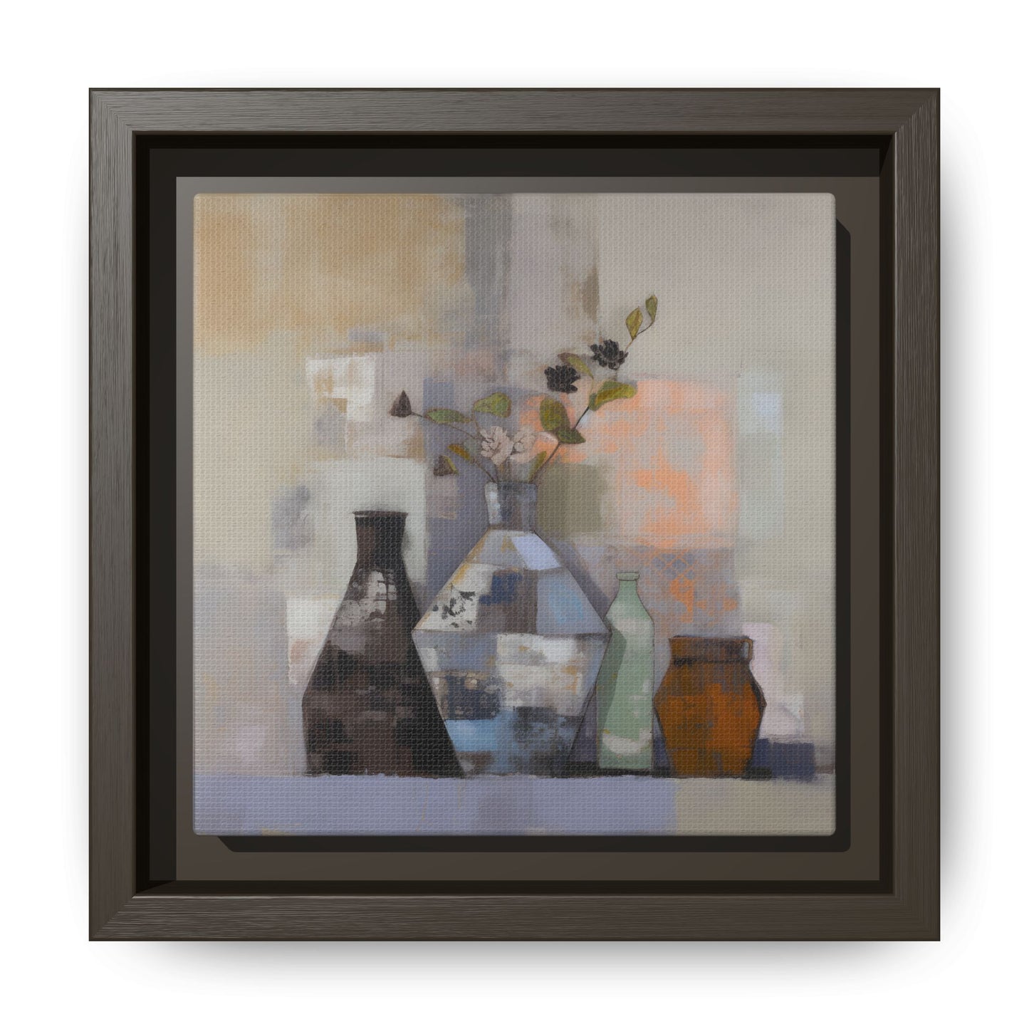 Earthy Bottle Still Life Wall Art – Framed Abstract Canvas with Geometric Vases in Neutral Tones