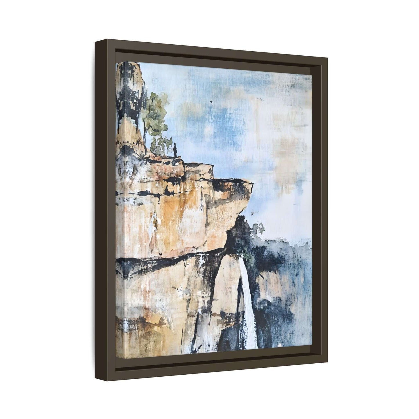 Framed impressionistic scenic landscape waterfall canvas art in serene tones, ideal for living room or bedroom decor.