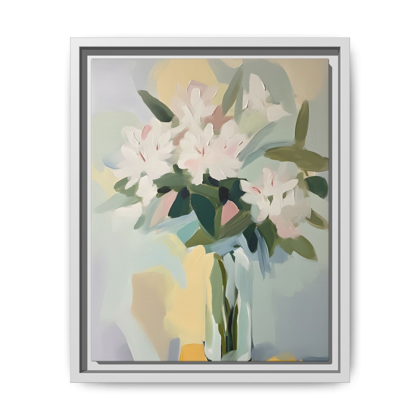 Soft Abstract Floral Wall Art – Framed Modern Canvas with White Flowers in Green Vase