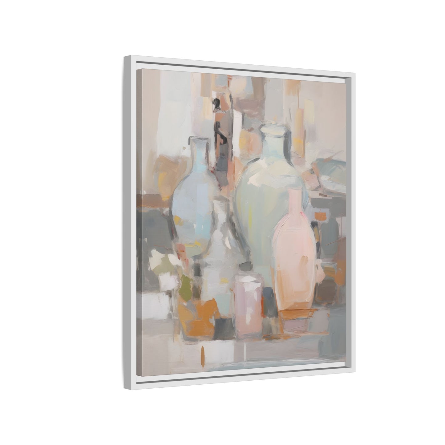 Modern Abstract Still Life Wall Art – Colorful Framed Canvas with Blue, Pink & Terracotta Bottles
