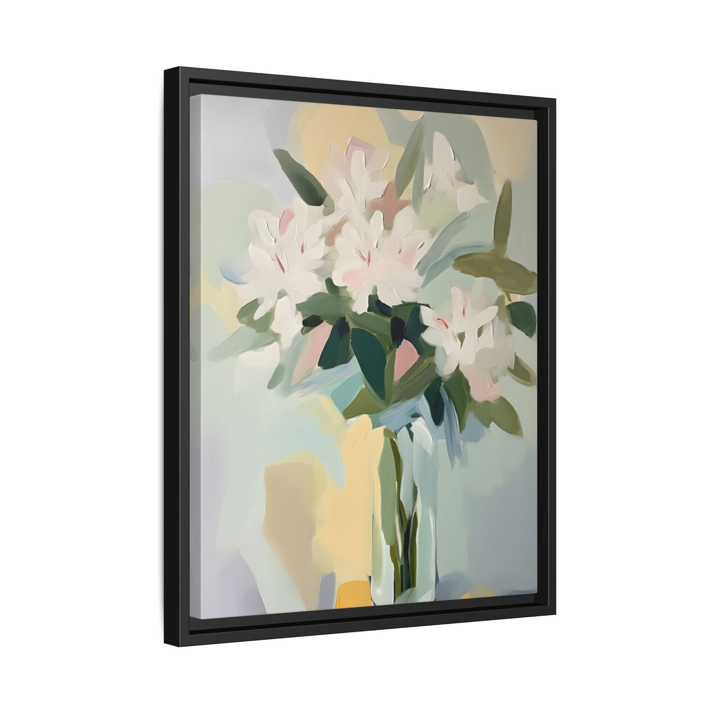 Soft Abstract Floral Wall Art – Framed Modern Canvas with White Flowers in Green Vase