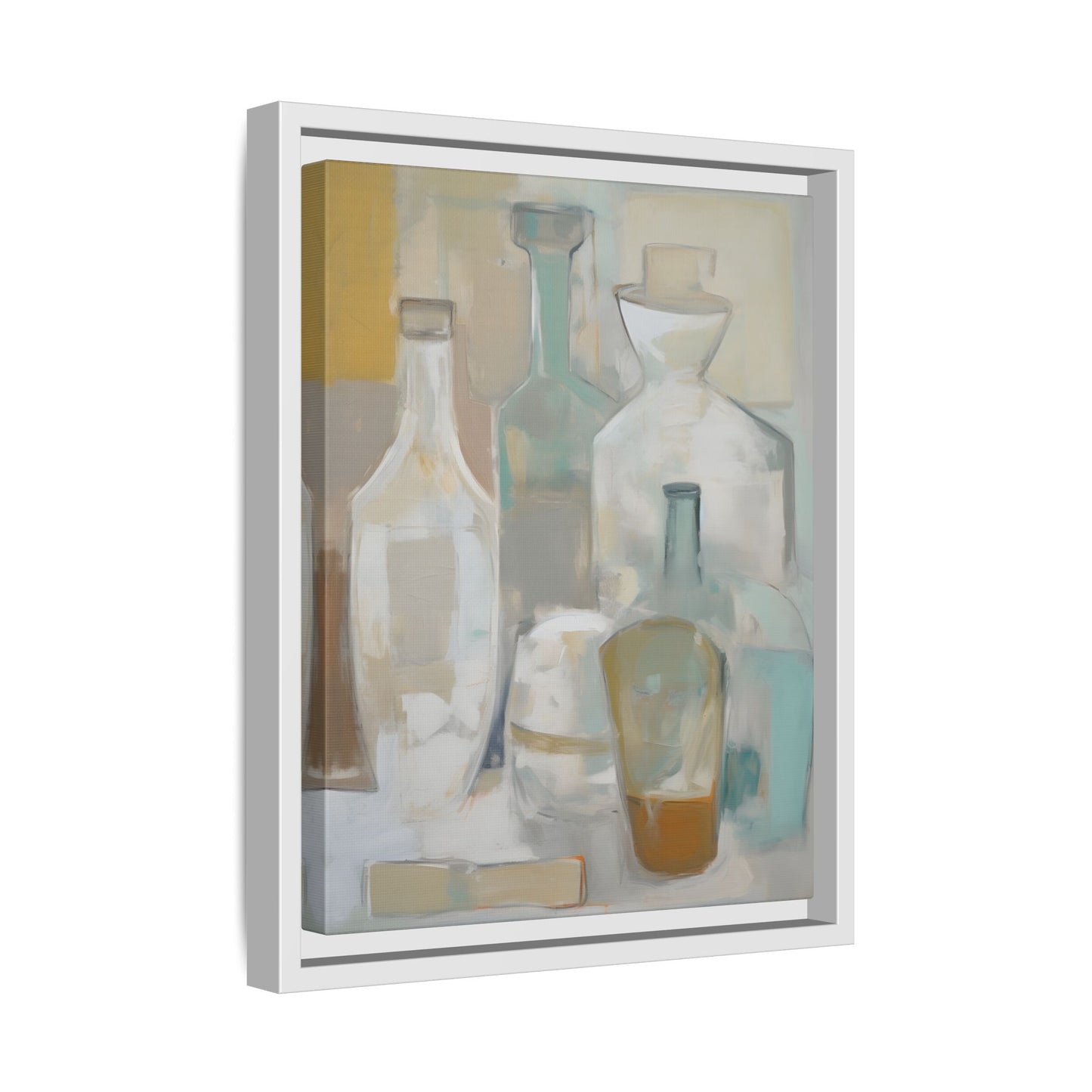 Modern Still Life Wall Art – Neutral Bottles Framed Canvas in Beige, Aqua & Amber