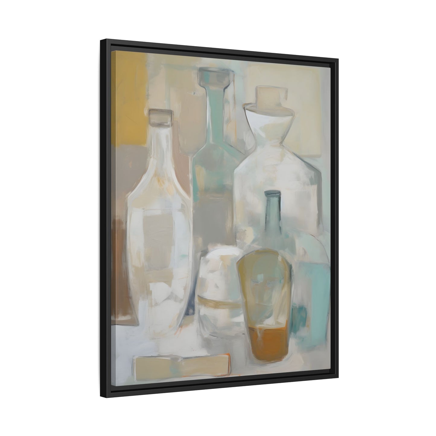 Modern Still Life Wall Art – Neutral Bottles Framed Canvas in Beige, Aqua & Amber