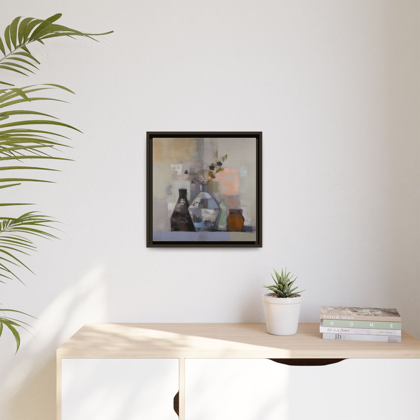 Earthy Bottle Still Life Wall Art – Framed Abstract Canvas with Geometric Vases in Neutral Tones