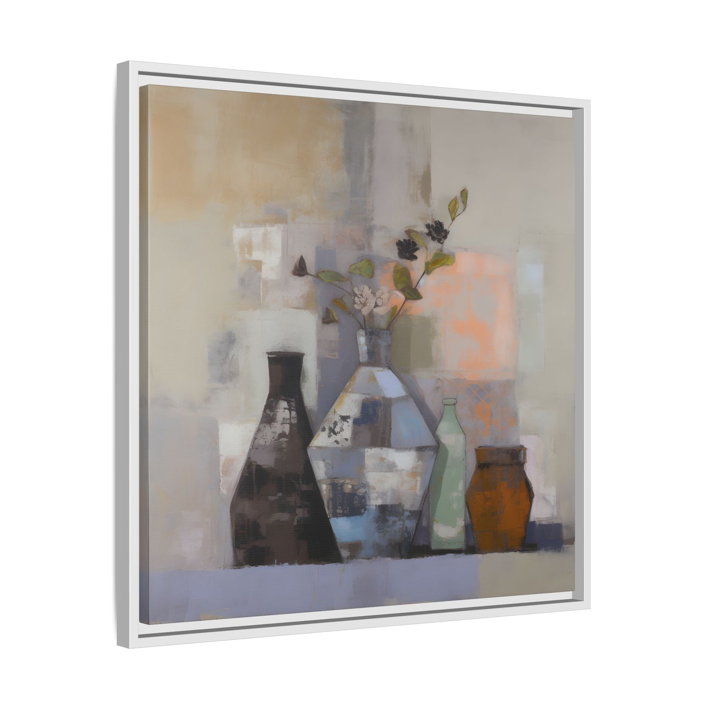 Earthy Bottle Still Life Wall Art – Framed Abstract Canvas with Geometric Vases in Neutral Tones