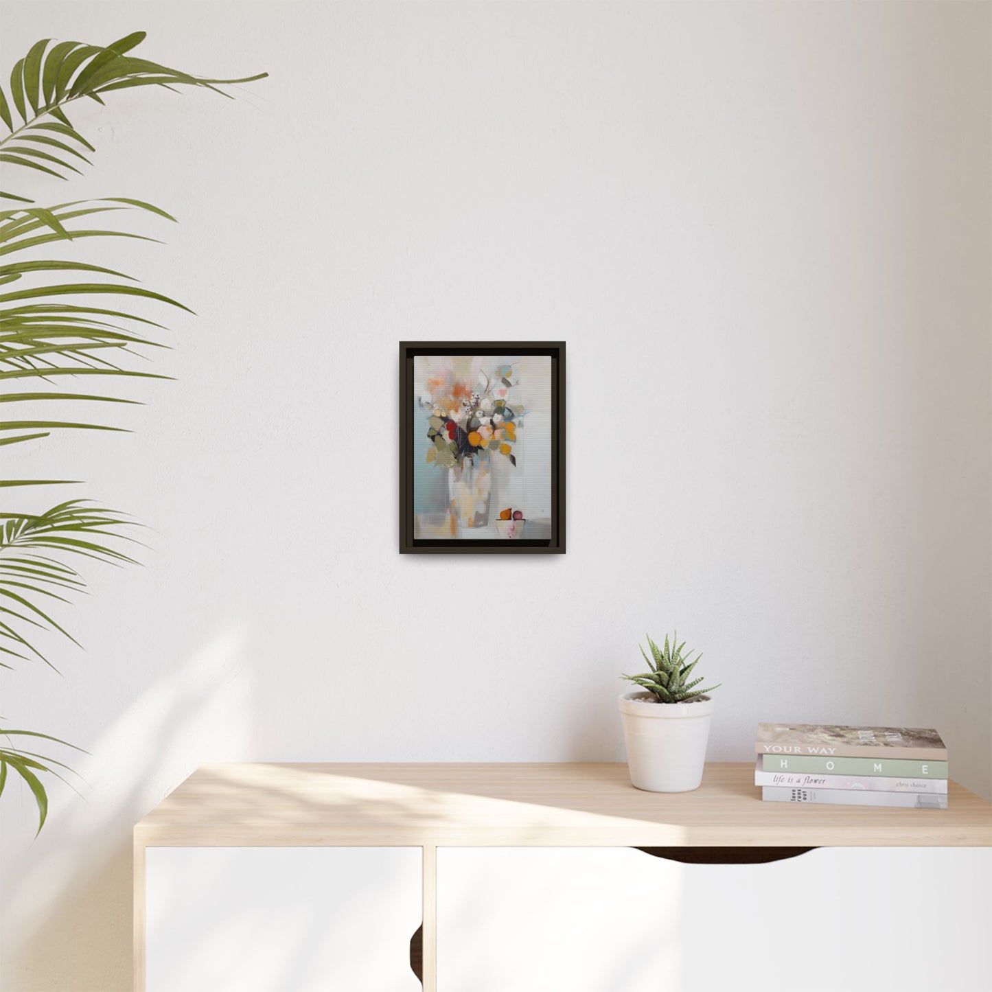 Colorful Floral Still Life Wall Art – Framed Abstract Canvas with Bright Blooms and Fruit Bowl