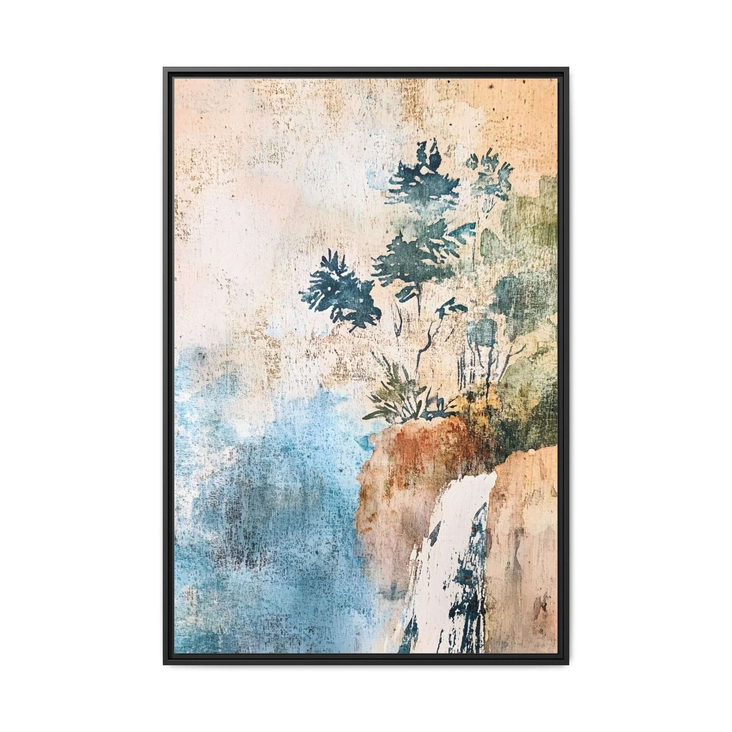 Framed watercolor canvas print of a serene misty forest landscape wall art with a waterfall, enhancing home decor with nature's elegance.