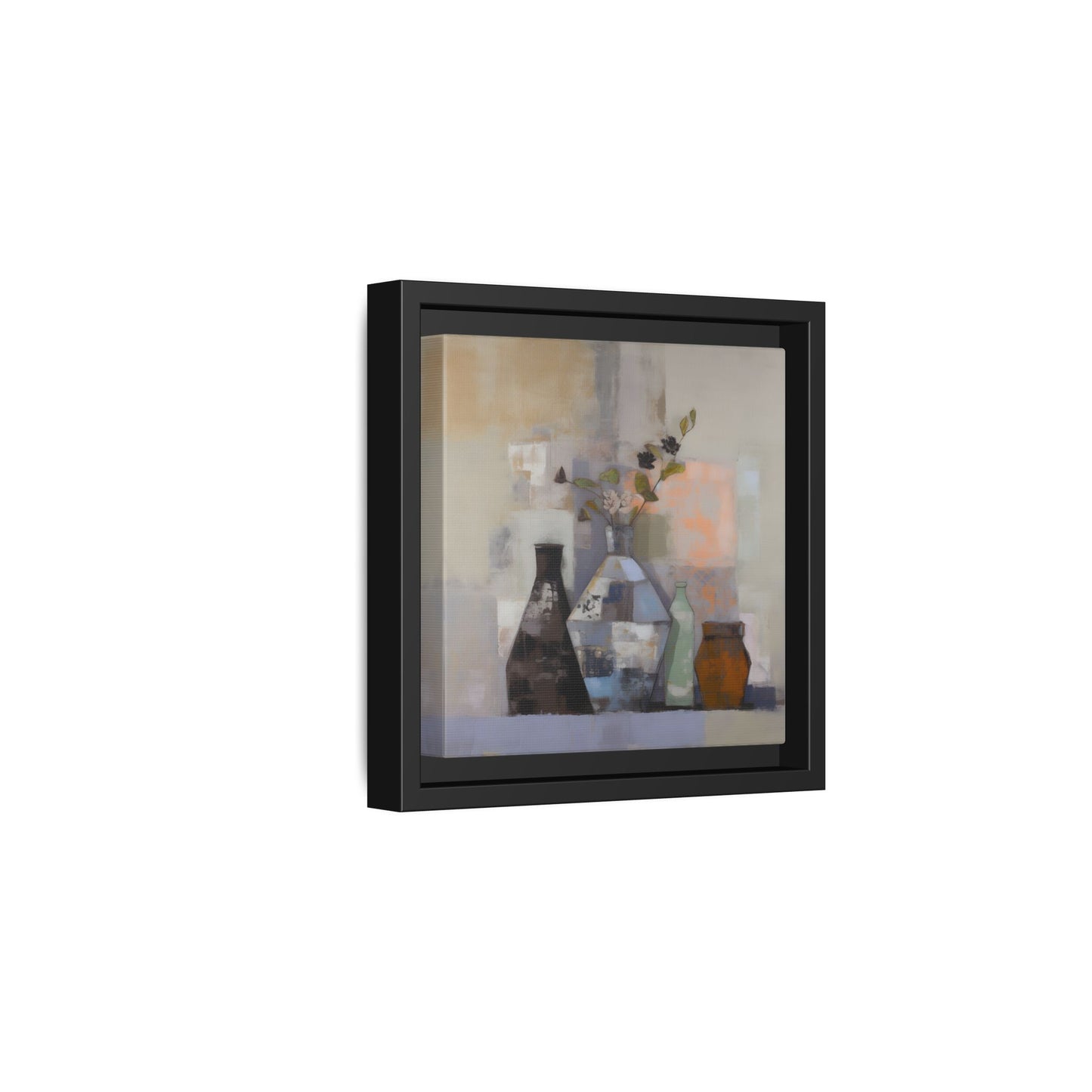 Earthy Bottle Still Life Wall Art – Framed Abstract Canvas with Geometric Vases in Neutral Tones