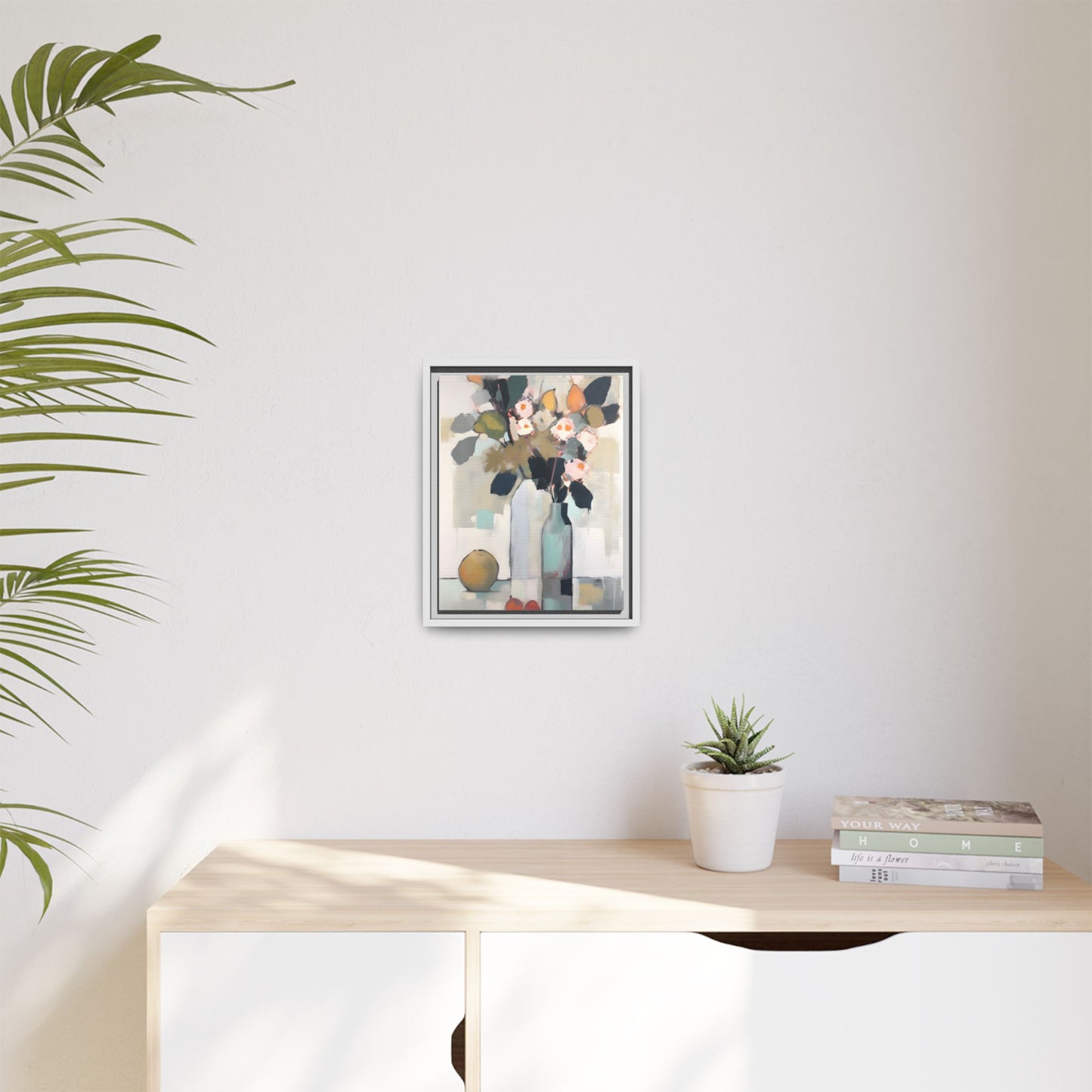 Modern Floral Still Life Wall Art – Framed Canvas with Bold Leaves and Citrus in Vase
