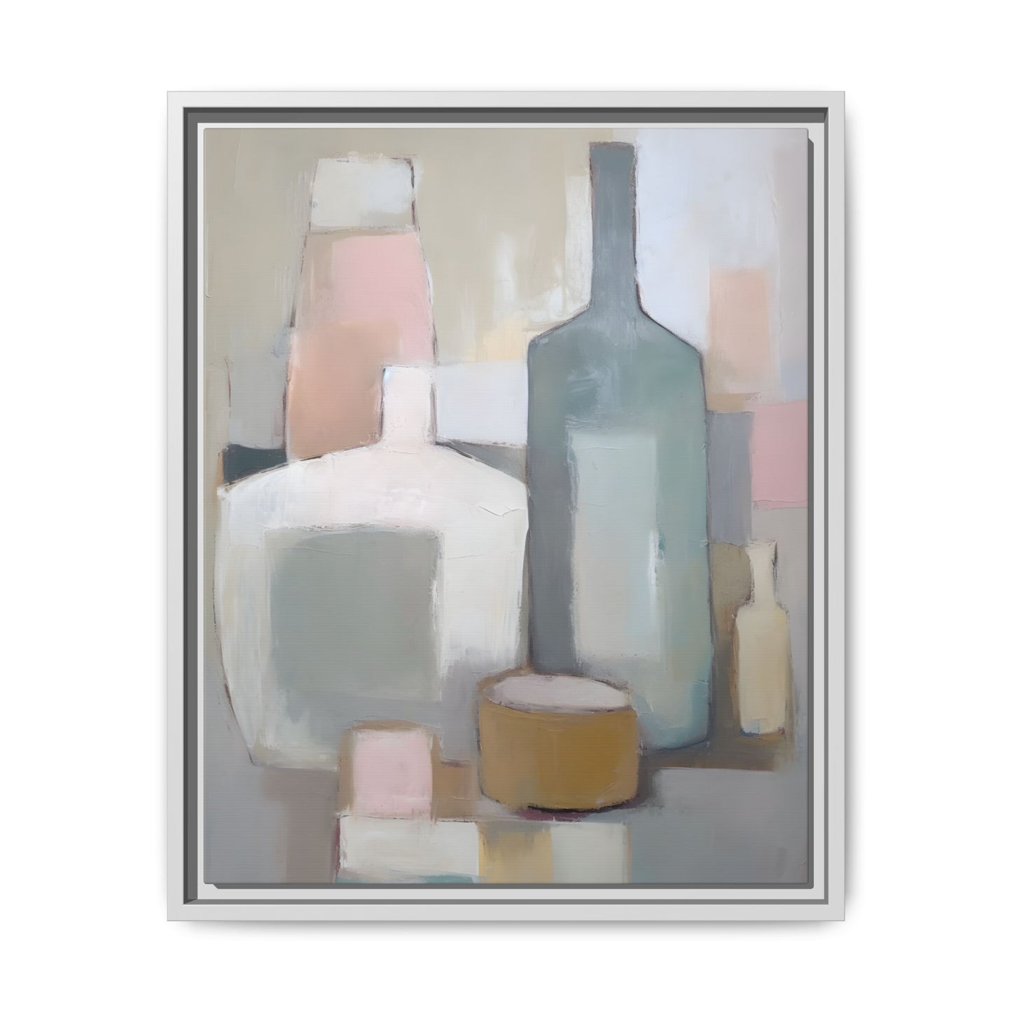 Modern Abstract Bottle Still Life Wall Art – Framed Canvas in Soft Pink, Blue, and Beige