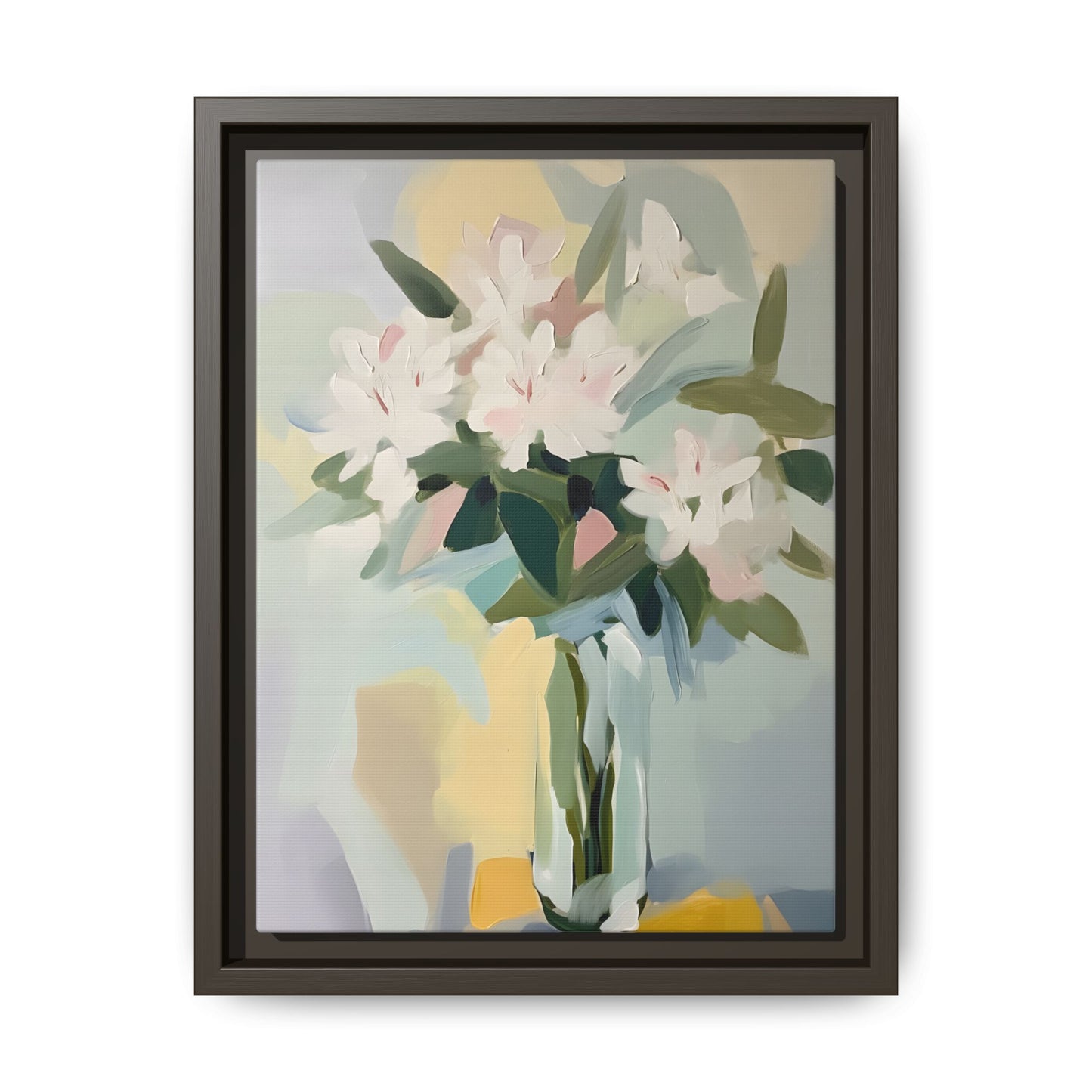 Soft Abstract Floral Wall Art – Framed Modern Canvas with White Flowers in Green Vase