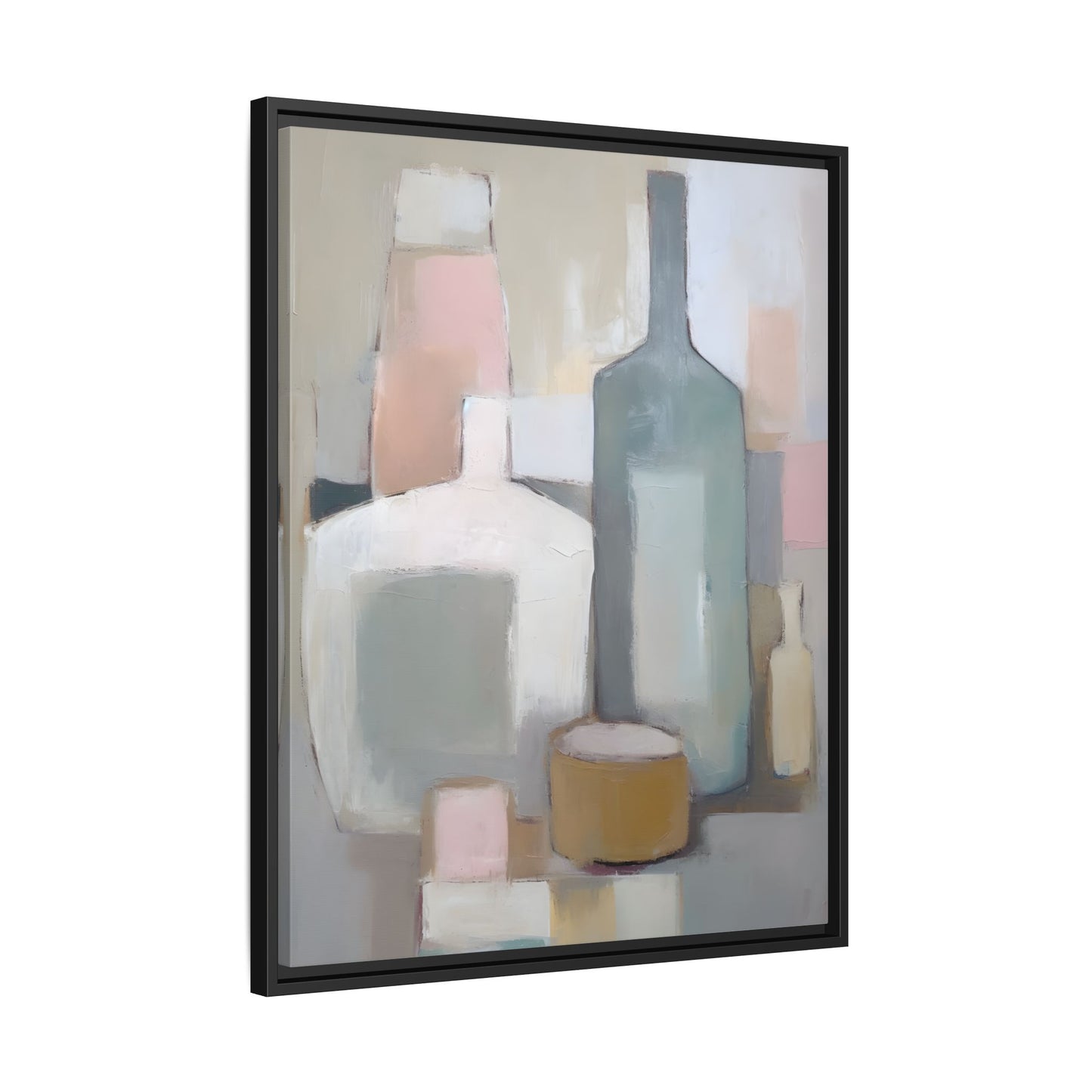 Modern Abstract Bottle Still Life Wall Art – Framed Canvas in Soft Pink, Blue, and Beige