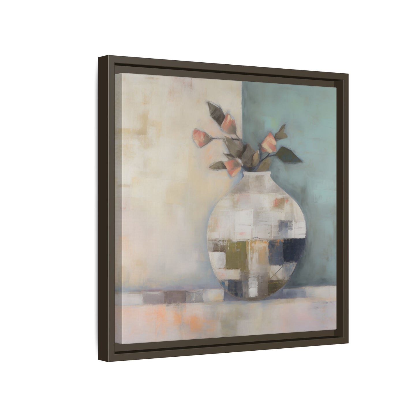 Geometric Floral Still Life Wall Art – Framed Abstract Canvas with Vase and Blush Pink Buds