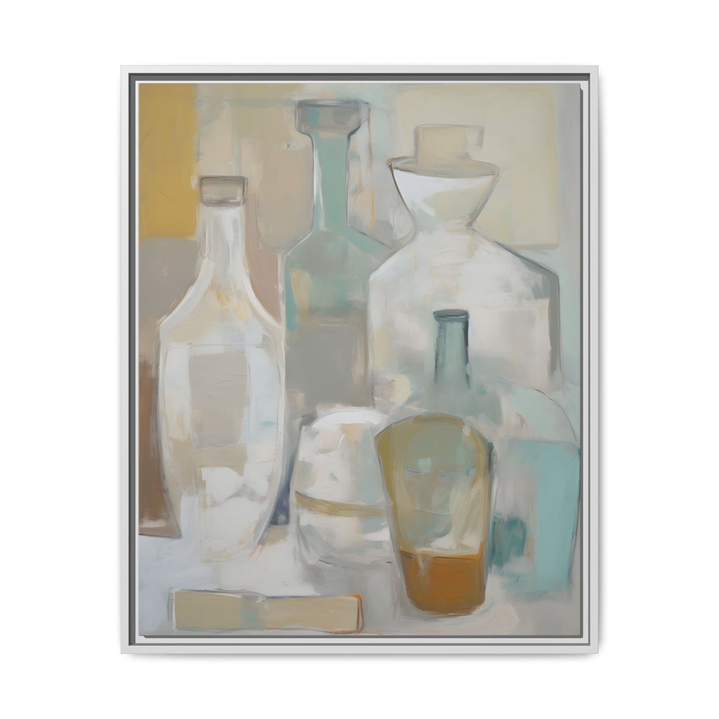 Modern Still Life Wall Art – Neutral Bottles Framed Canvas in Beige, Aqua & Amber
