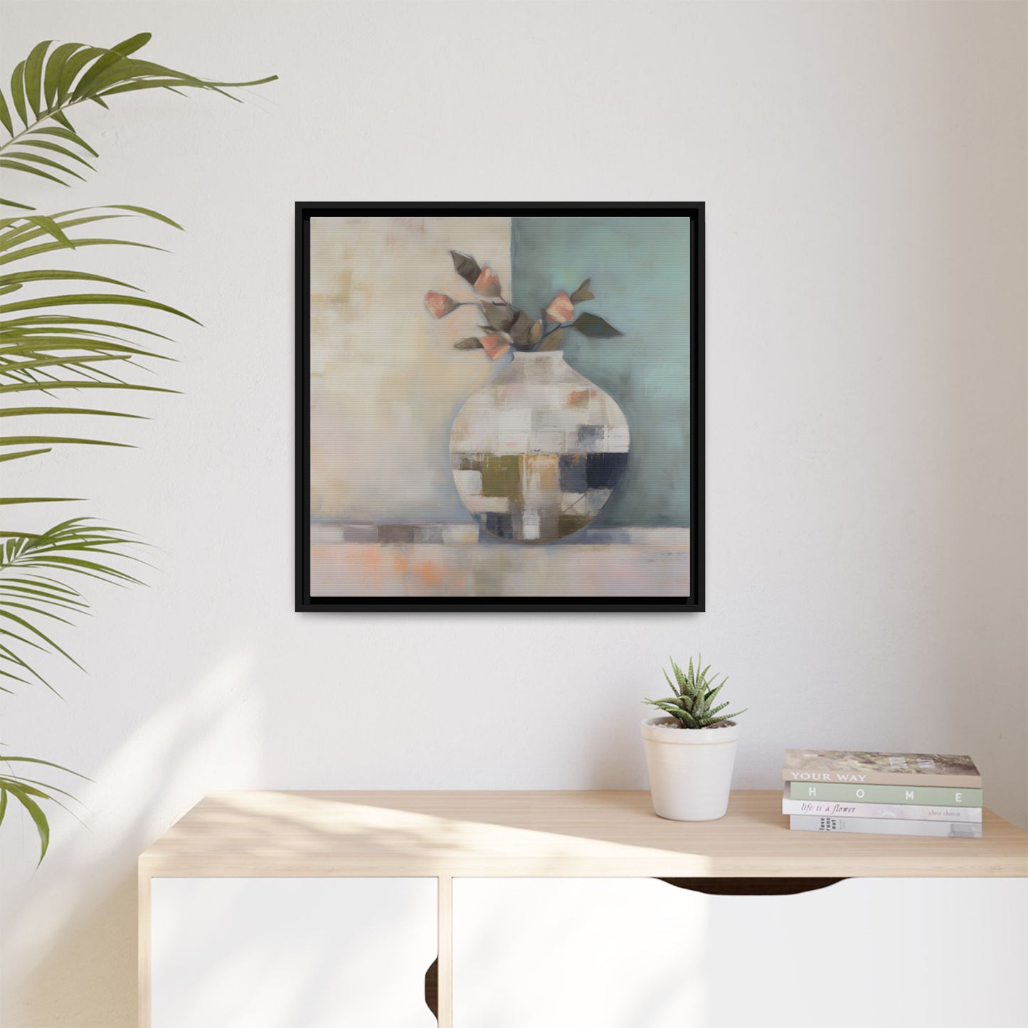 Geometric Floral Still Life Wall Art – Framed Abstract Canvas with Vase and Blush Pink Buds