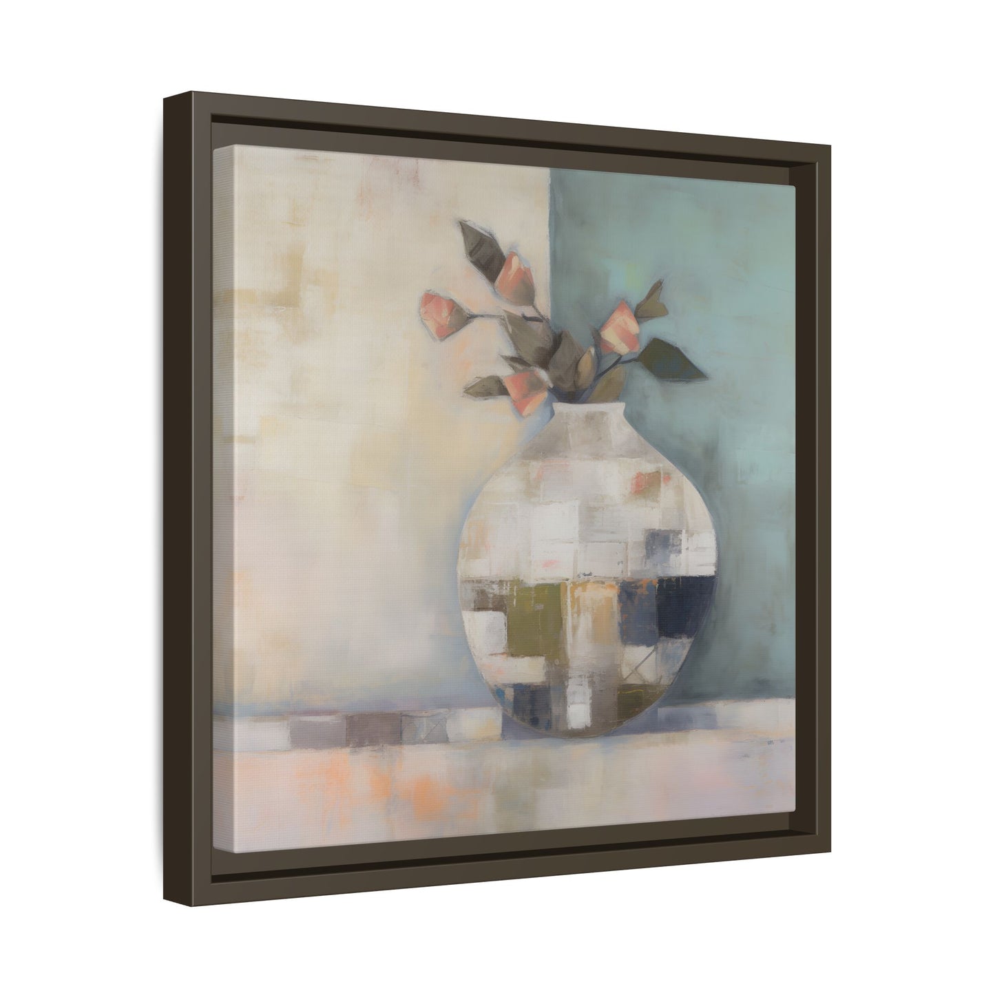 Geometric Floral Still Life Wall Art – Framed Abstract Canvas with Vase and Blush Pink Buds