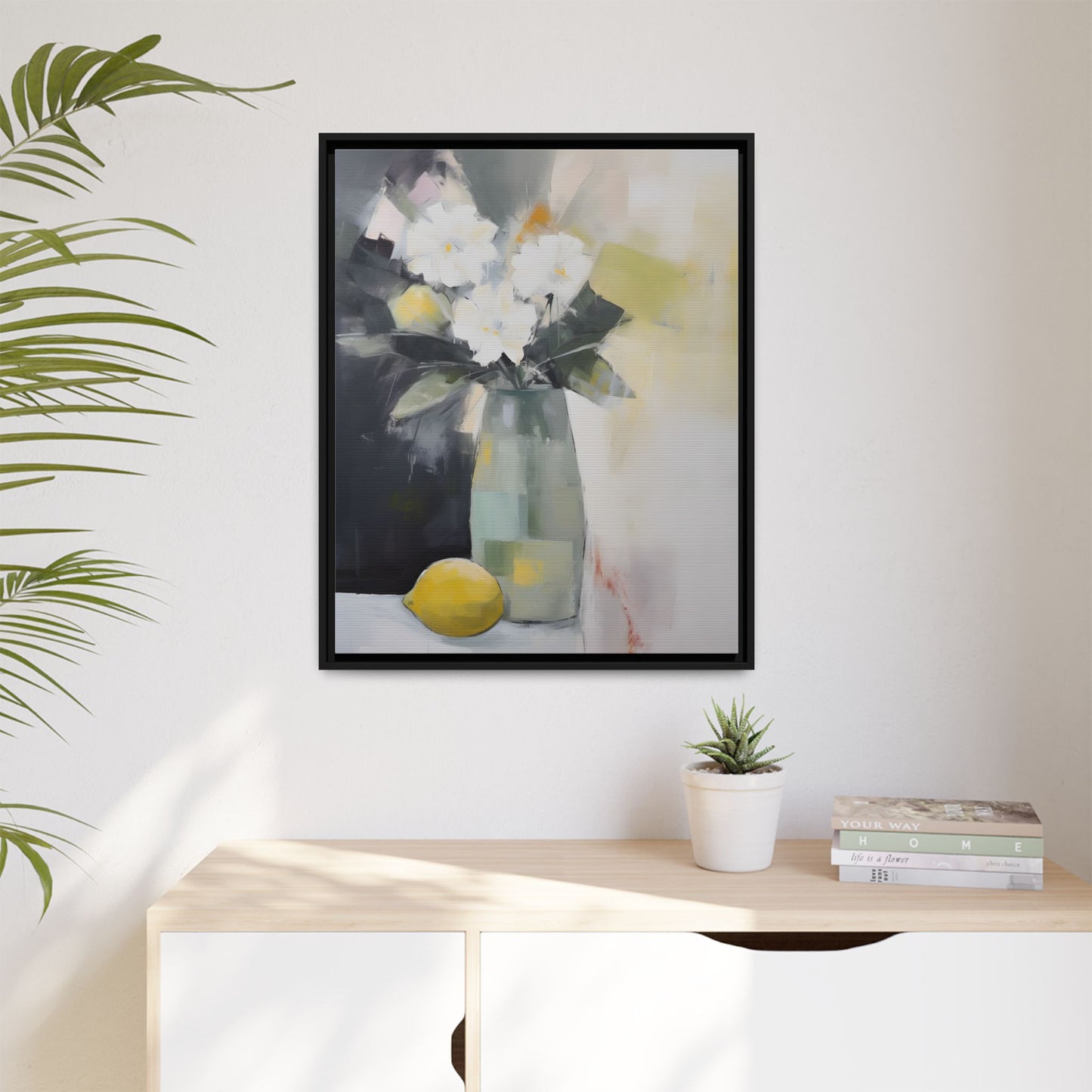 Modern Floral Still Life Wall Art – Framed Canvas with White Flowers and Lemon in Soft Green Vase