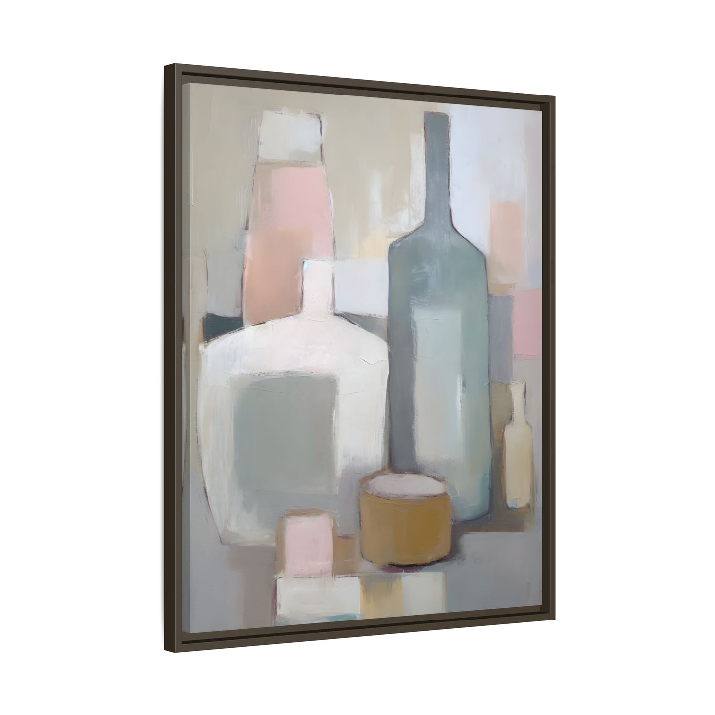 Modern Abstract Bottle Still Life Wall Art – Framed Canvas in Soft Pink, Blue, and Beige
