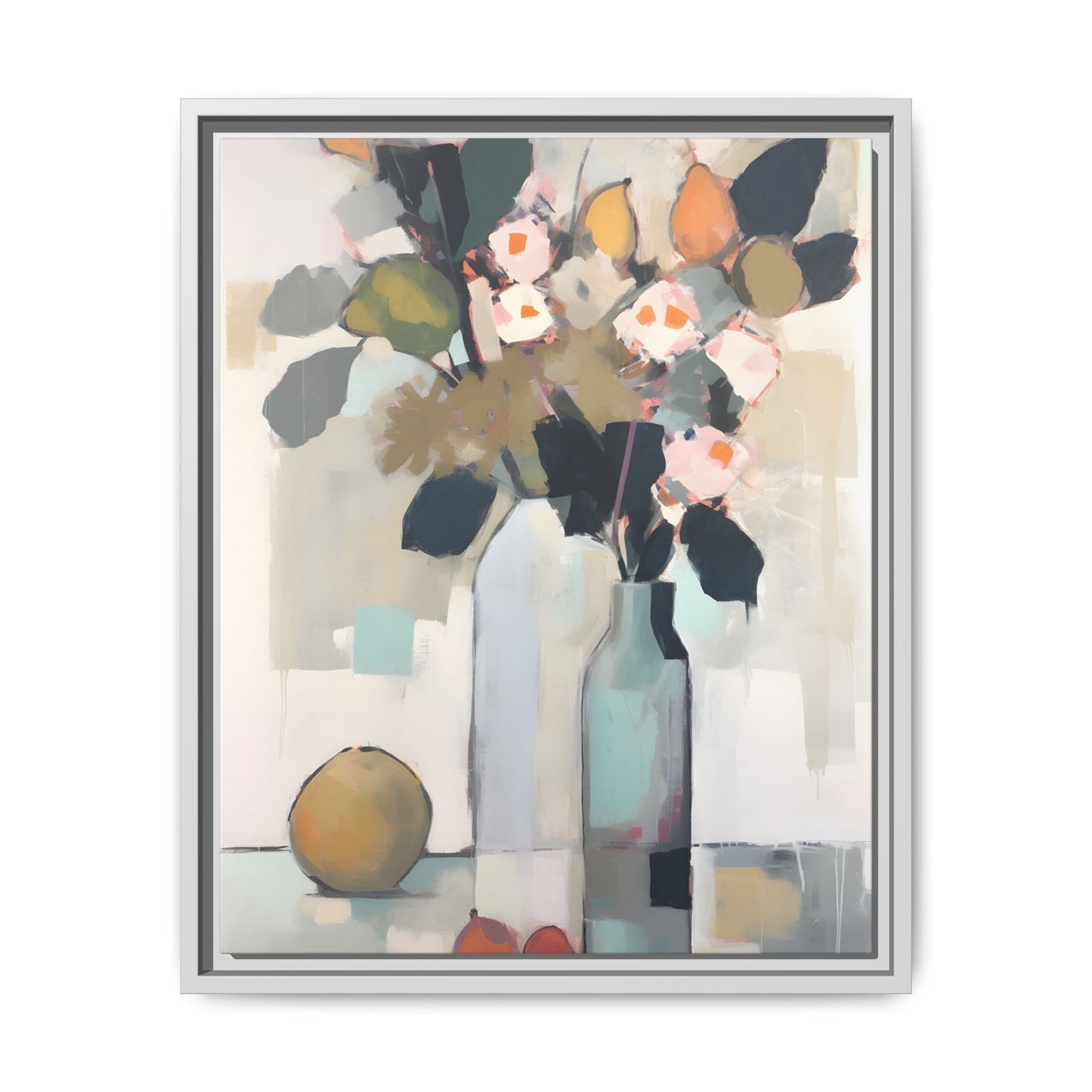 Modern Floral Still Life Wall Art – Framed Canvas with Bold Leaves and Citrus in Vase