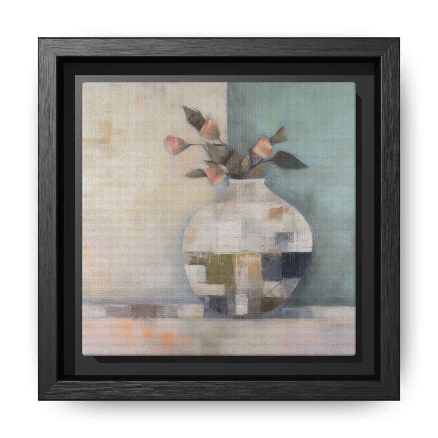 Geometric Floral Still Life Wall Art – Framed Abstract Canvas with Vase and Blush Pink Buds