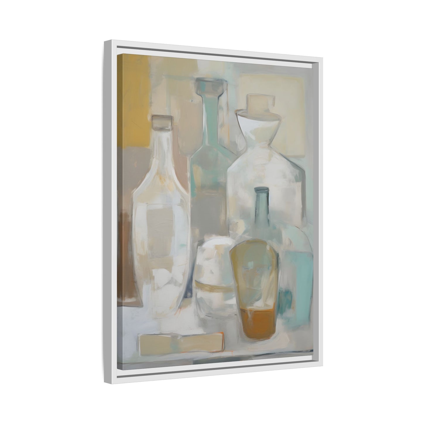 Modern Still Life Wall Art – Neutral Bottles Framed Canvas in Beige, Aqua & Amber