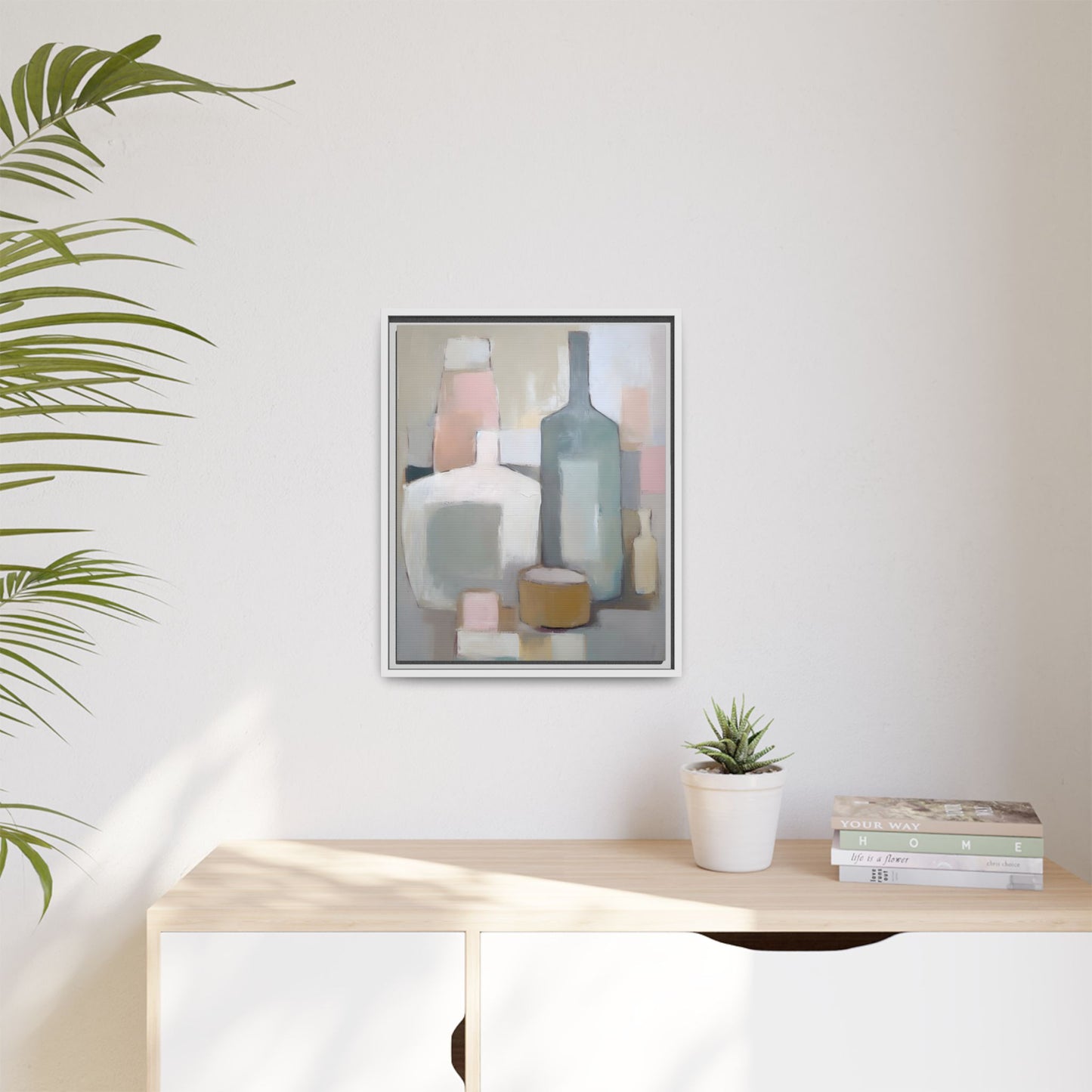 Modern Abstract Bottle Still Life Wall Art – Framed Canvas in Soft Pink, Blue, and Beige