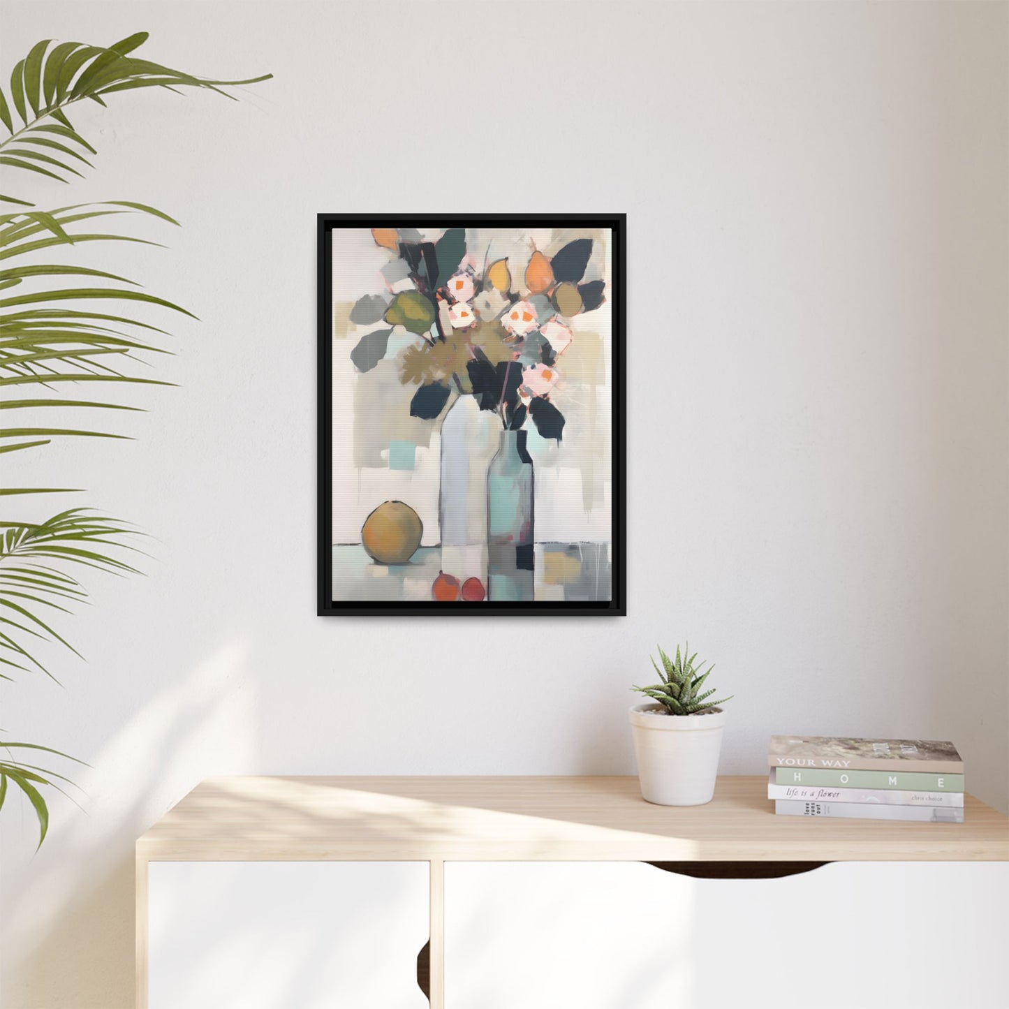 Modern Floral Still Life Wall Art – Framed Canvas with Bold Leaves and Citrus in Vase
