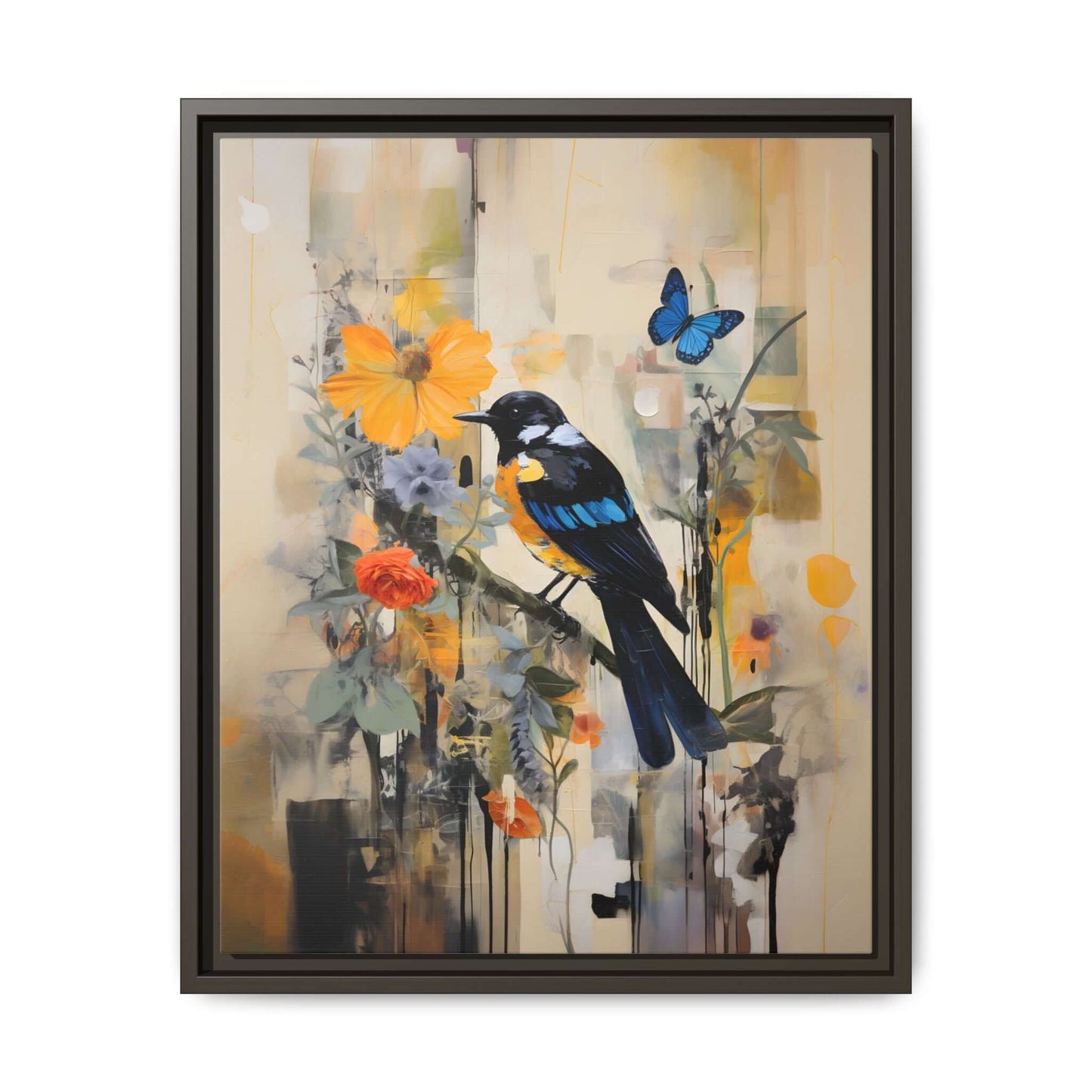 Framed colorful bird and butterfly canvas art, vibrant floral design for home decor. Available in multiple vertical sizes.
