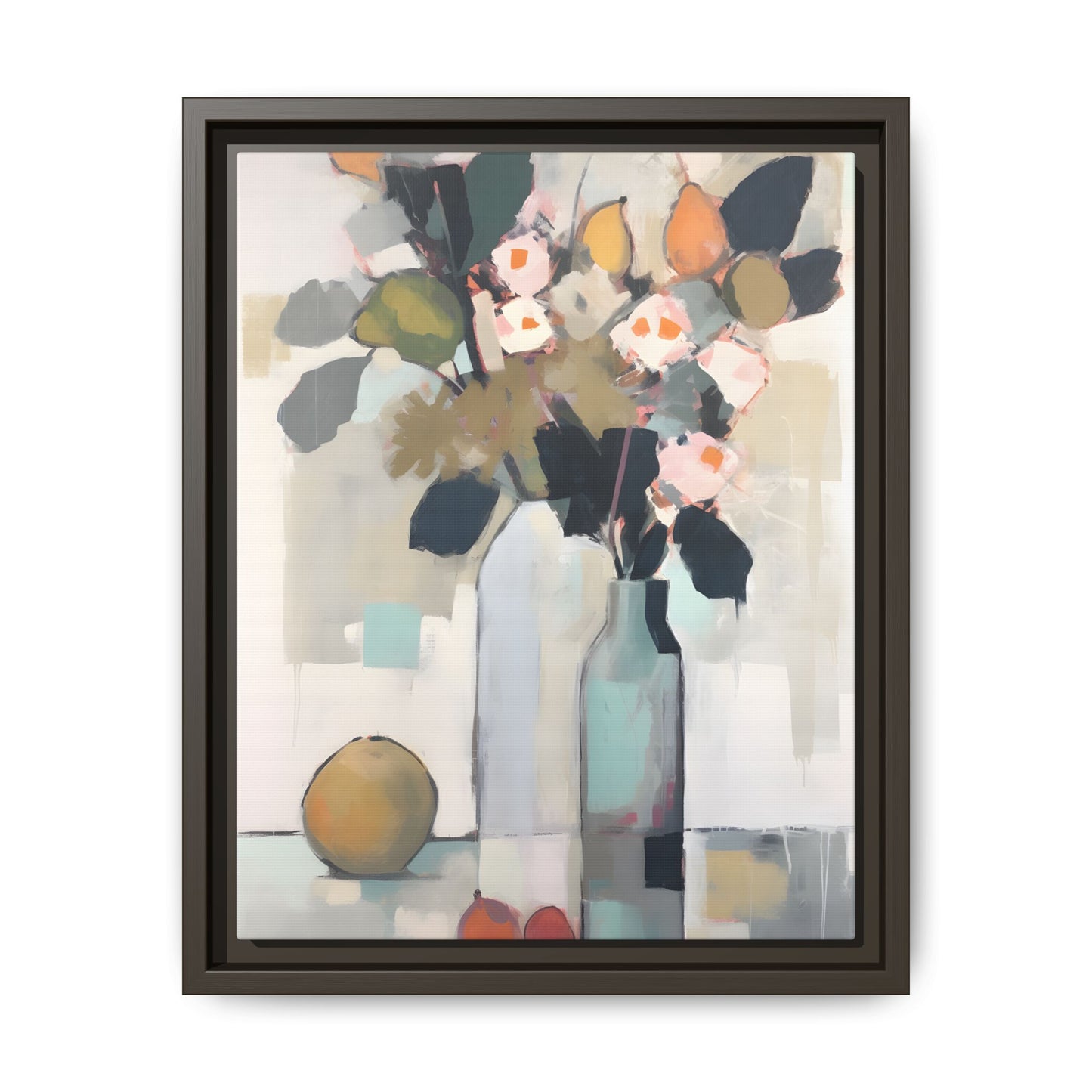 Modern Floral Still Life Wall Art – Framed Canvas with Bold Leaves and Citrus in Vase