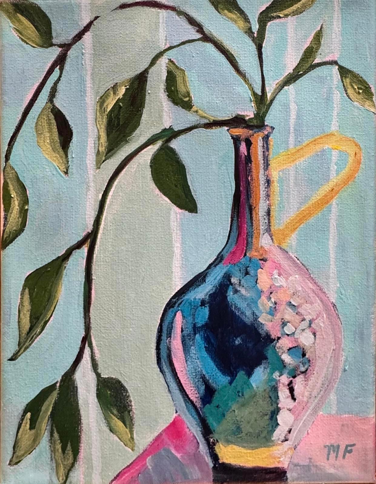 Original Painting by Mechelle Flowers of Vase with Leaves size 8x10 in Gold Floater Frame