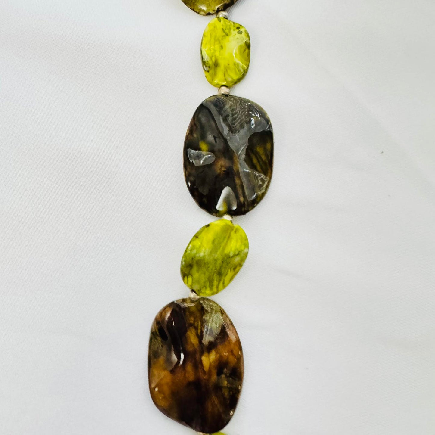 Chunky Marbled Bead Necklace Green Amber Yellow Statement Jewelry Artisan Style